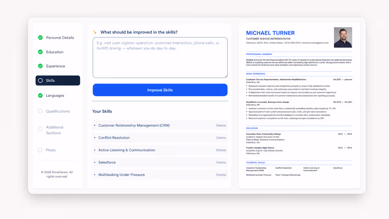 Skills section of a resume being edited