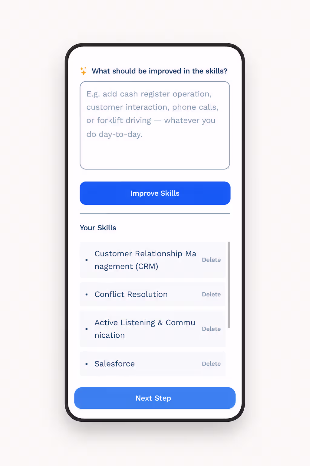 Skills section of a resume being edited