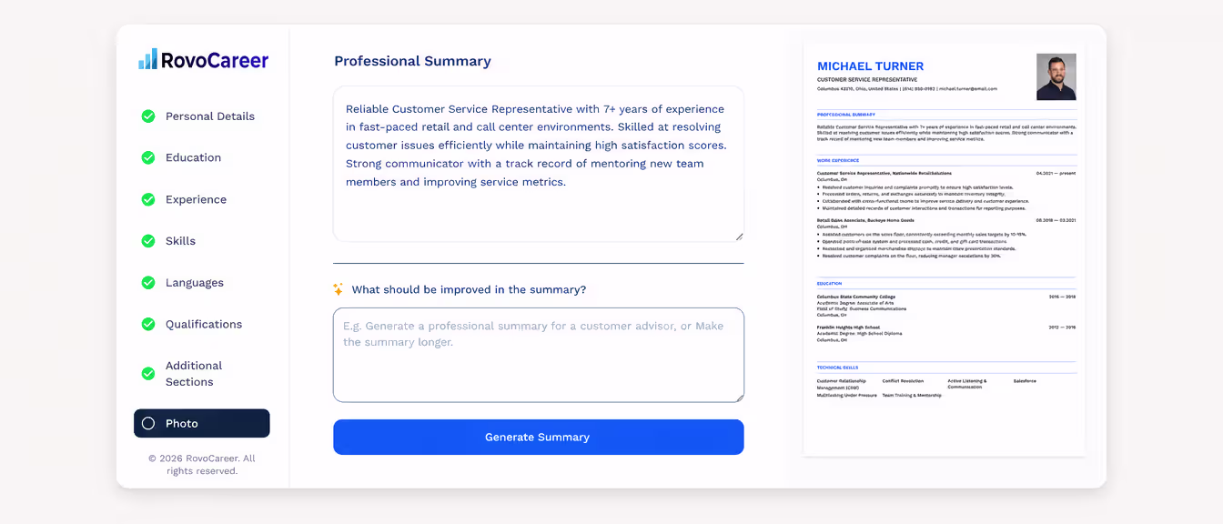 Resume summary section being written in an online editor