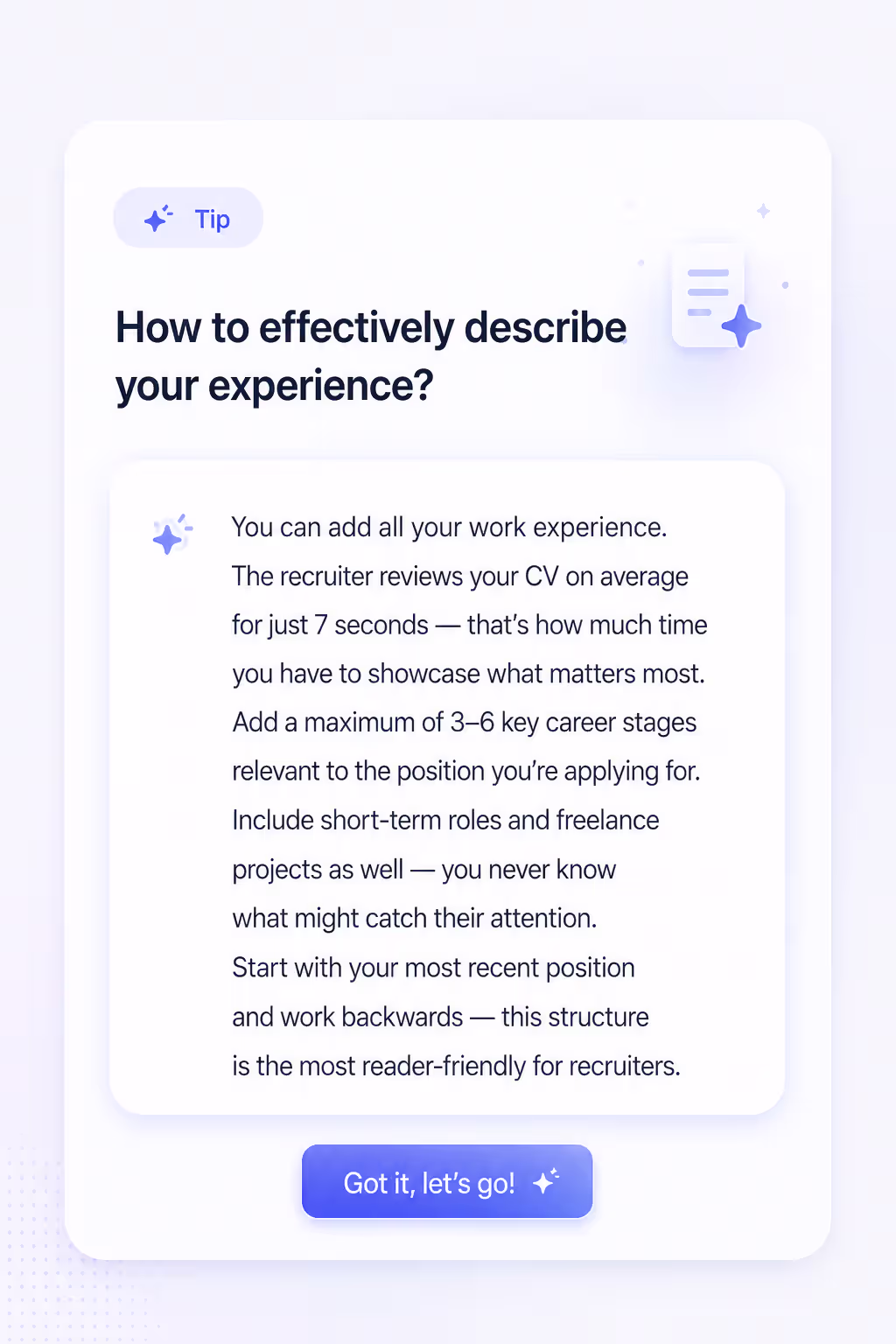 Resume builder – HR expert tips inside the editor