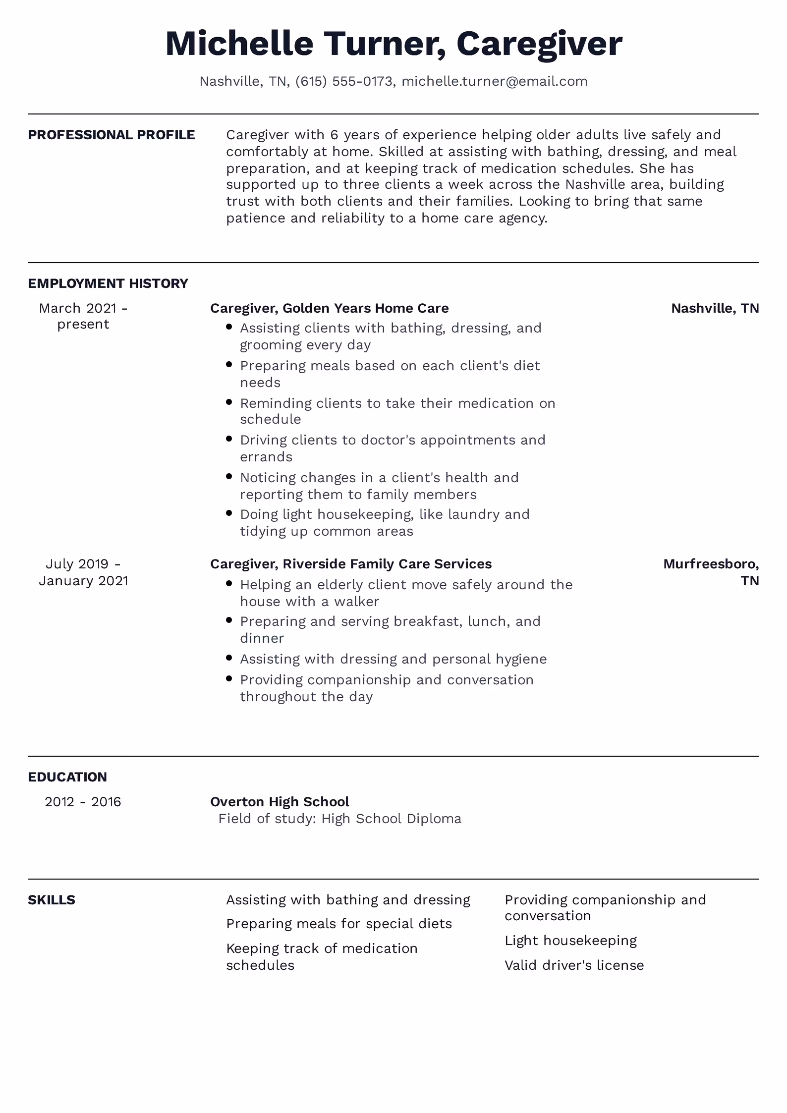 Caregiver Resume Example - przykładowy wzór CV