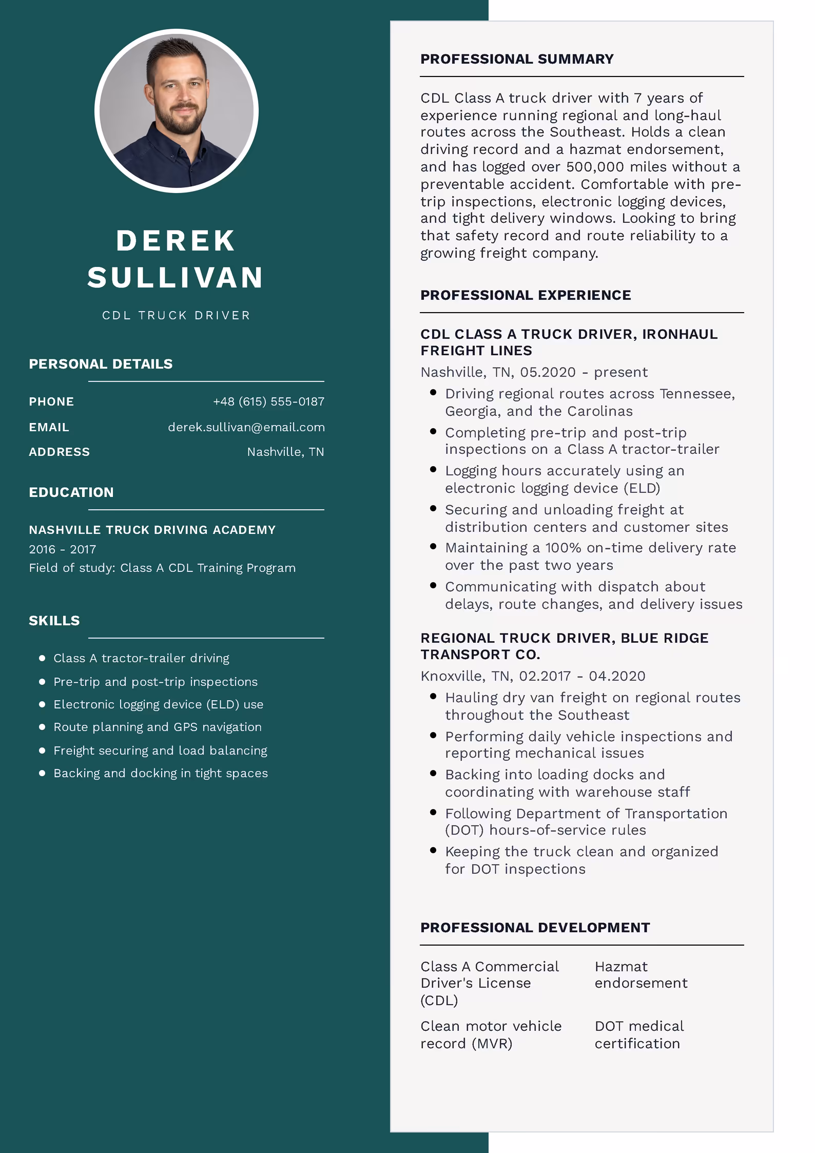 CDL truck driver resume example — downloadable template