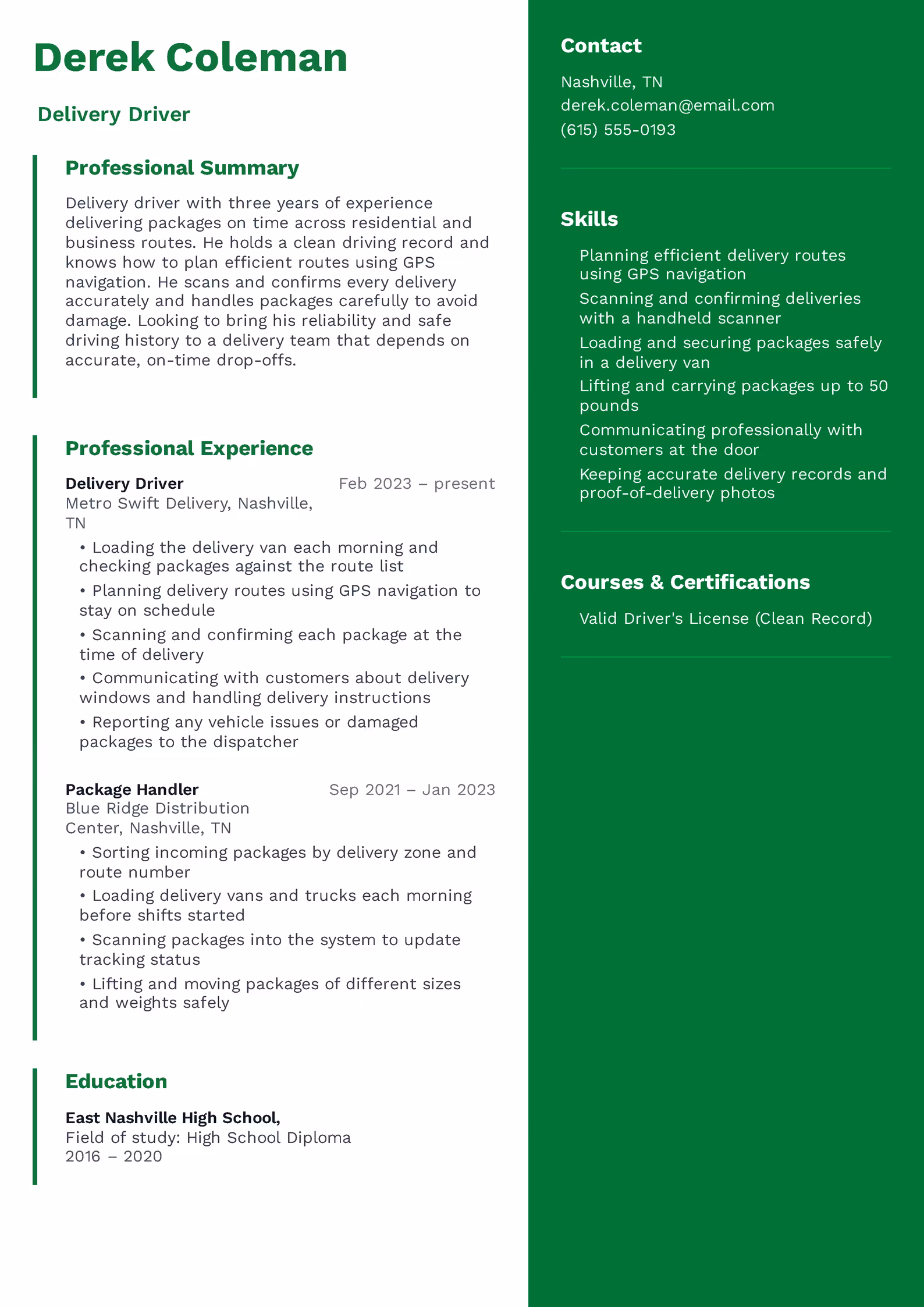 Delivery Driver Resume Example - przykładowy wzór CV
