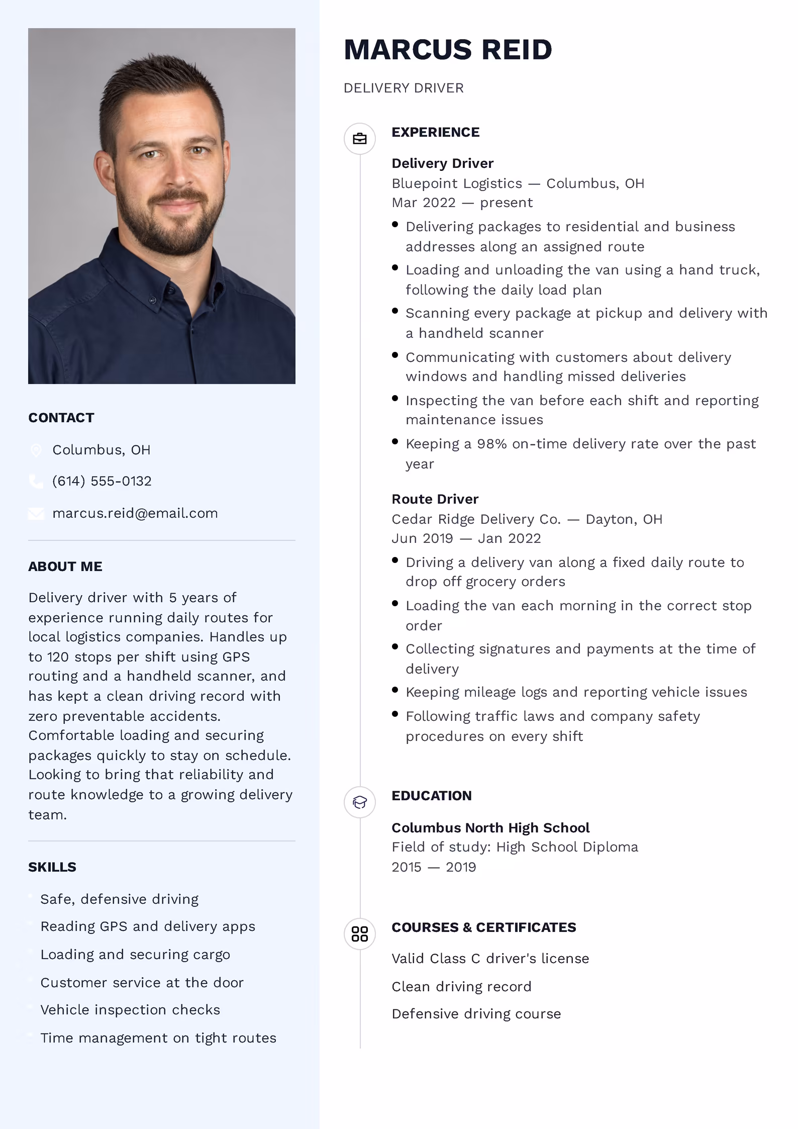 Driver resume example showing work experience and skills sections