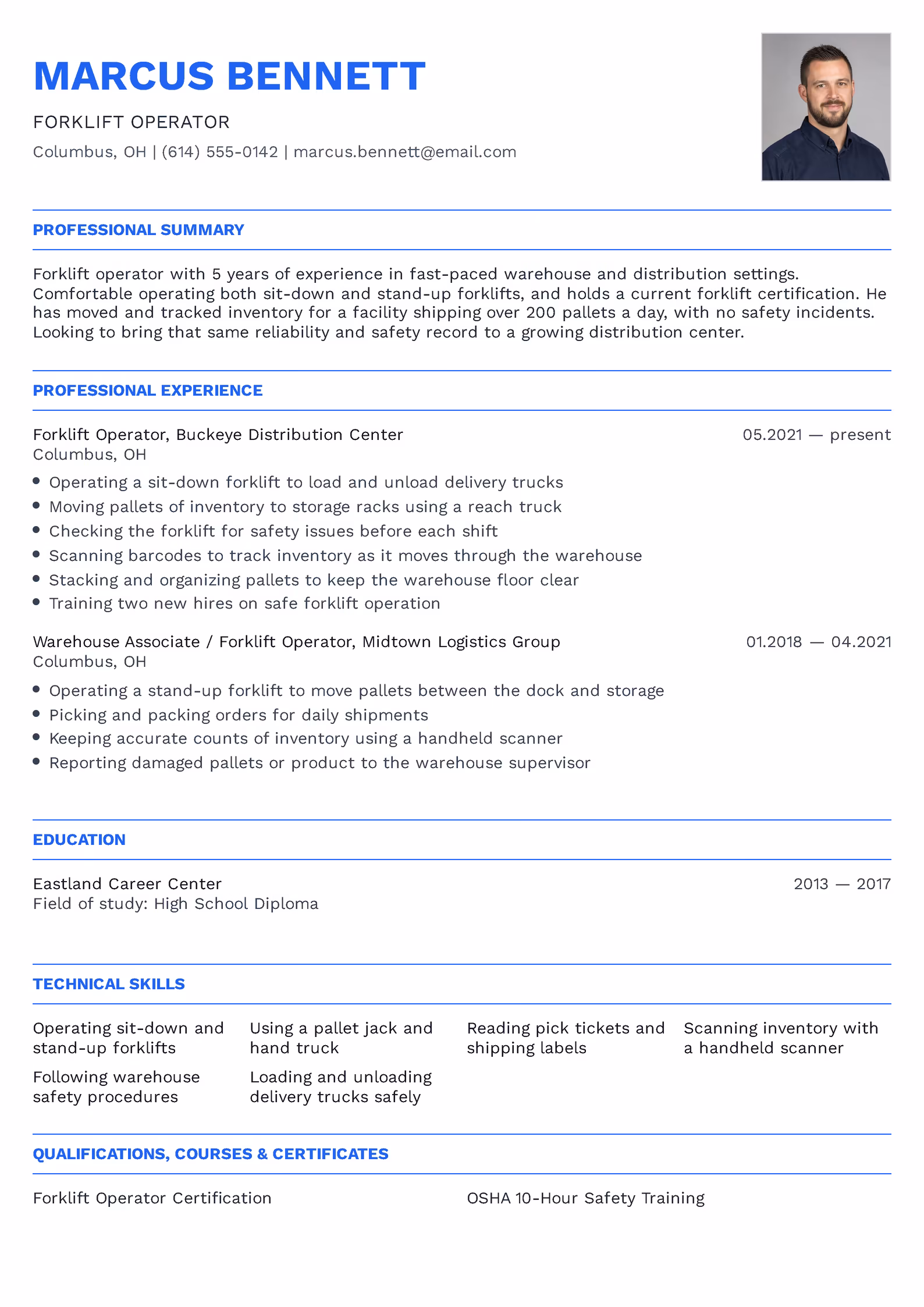 Forklift operator resume example — downloadable template