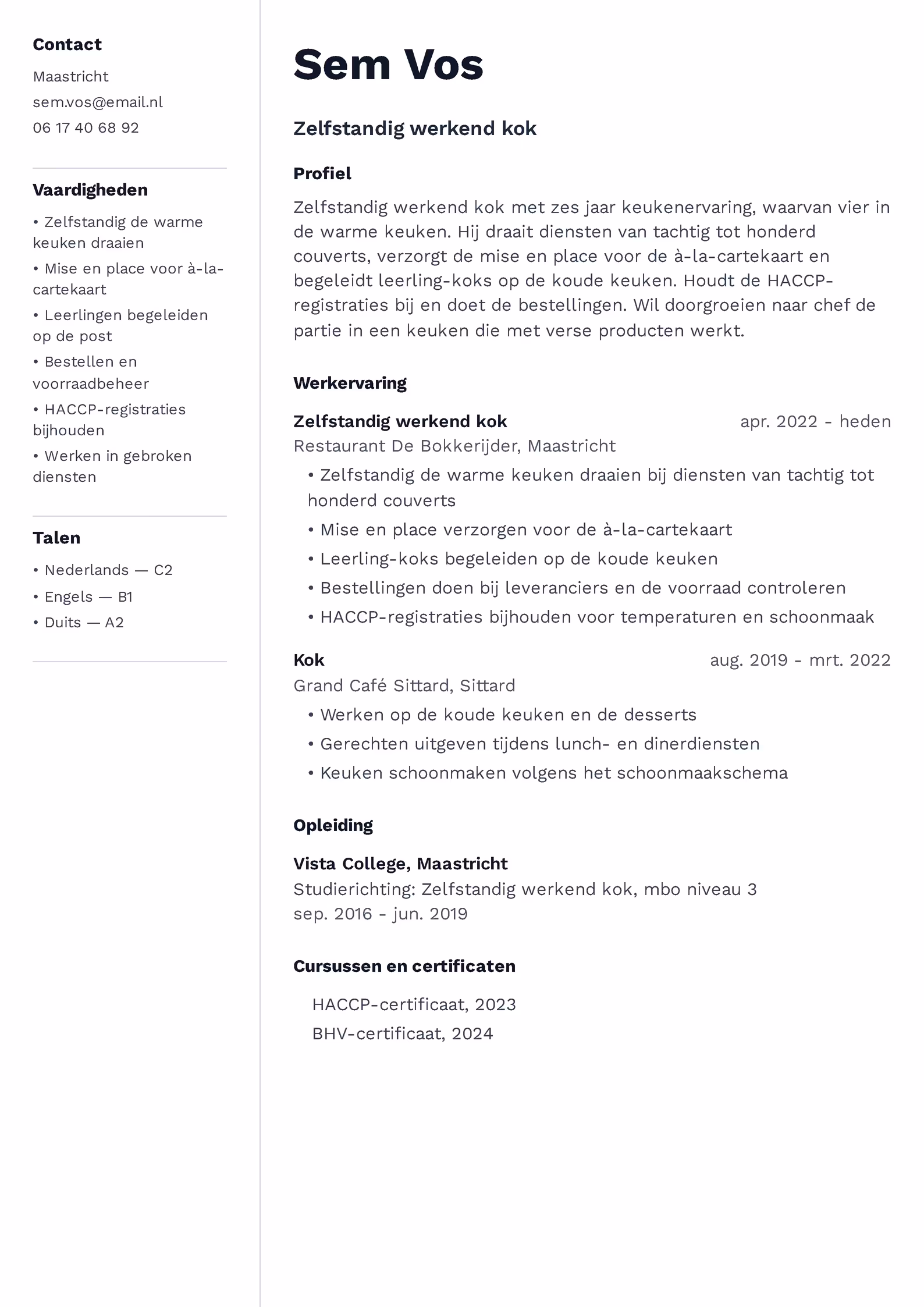 Cv-voorbeeld voor een kok met posten, couverts per dienst en HACCP-registraties