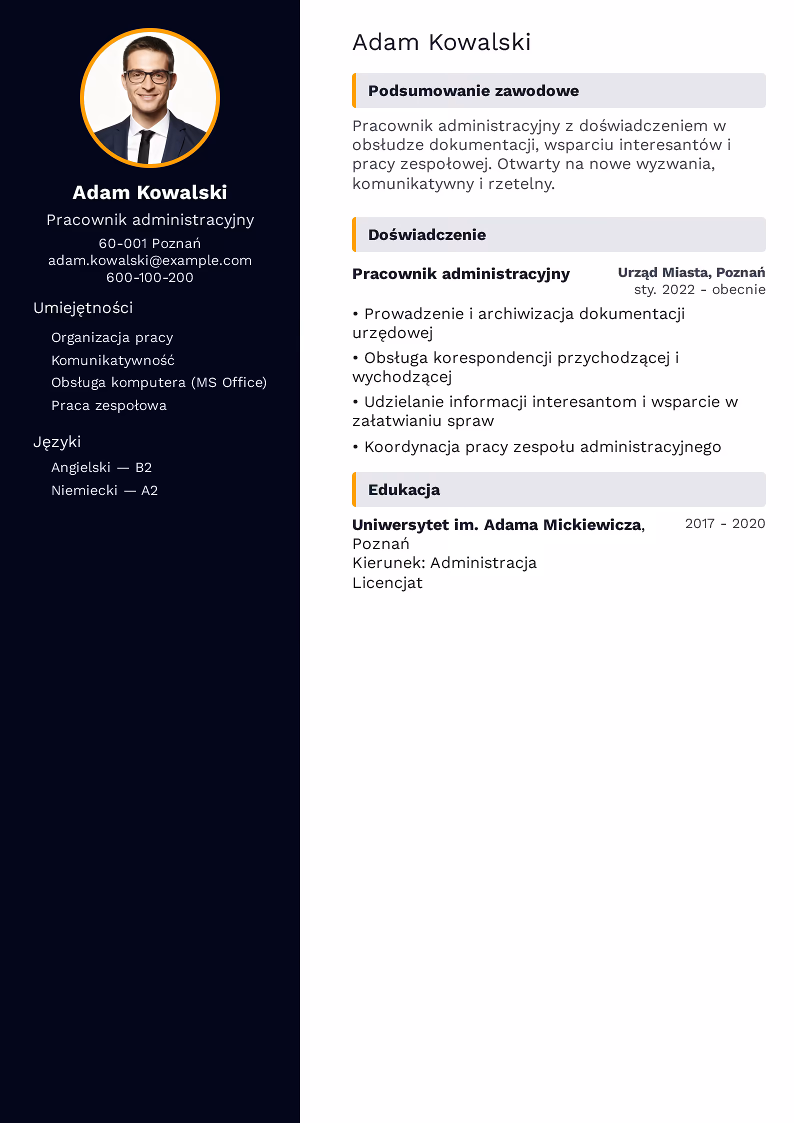 Receptionist Resume Example - przykładowy wzór CV