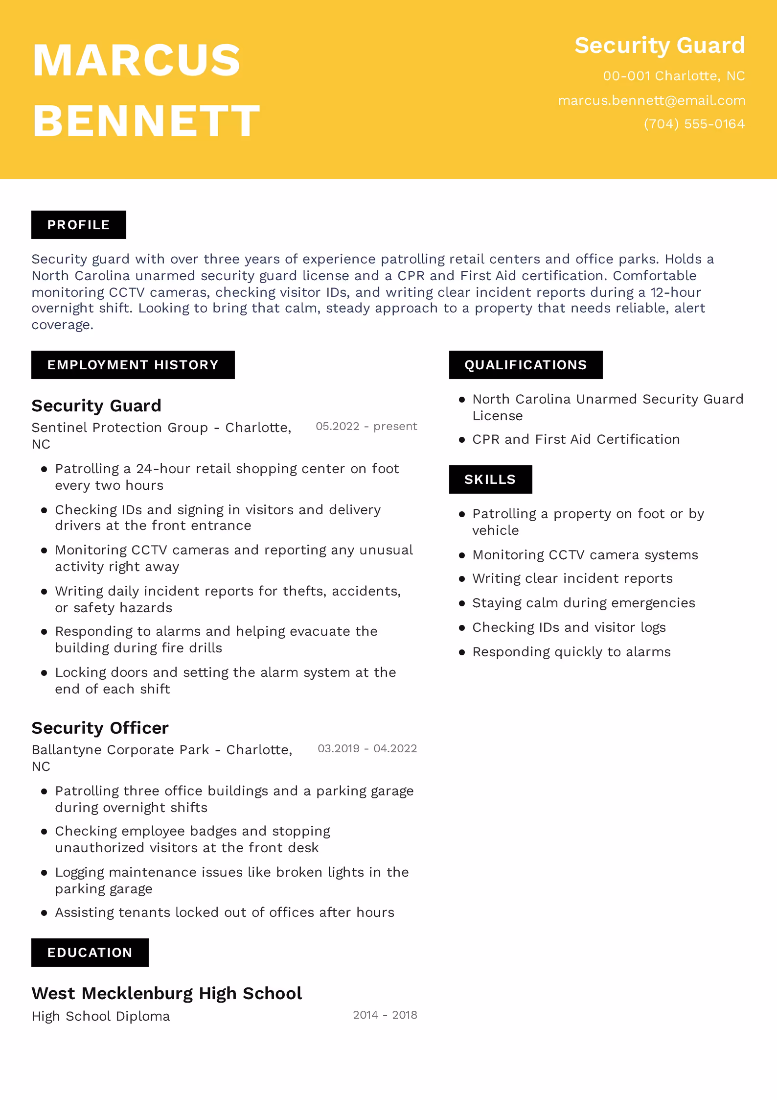 Security guard resume example — downloadable template