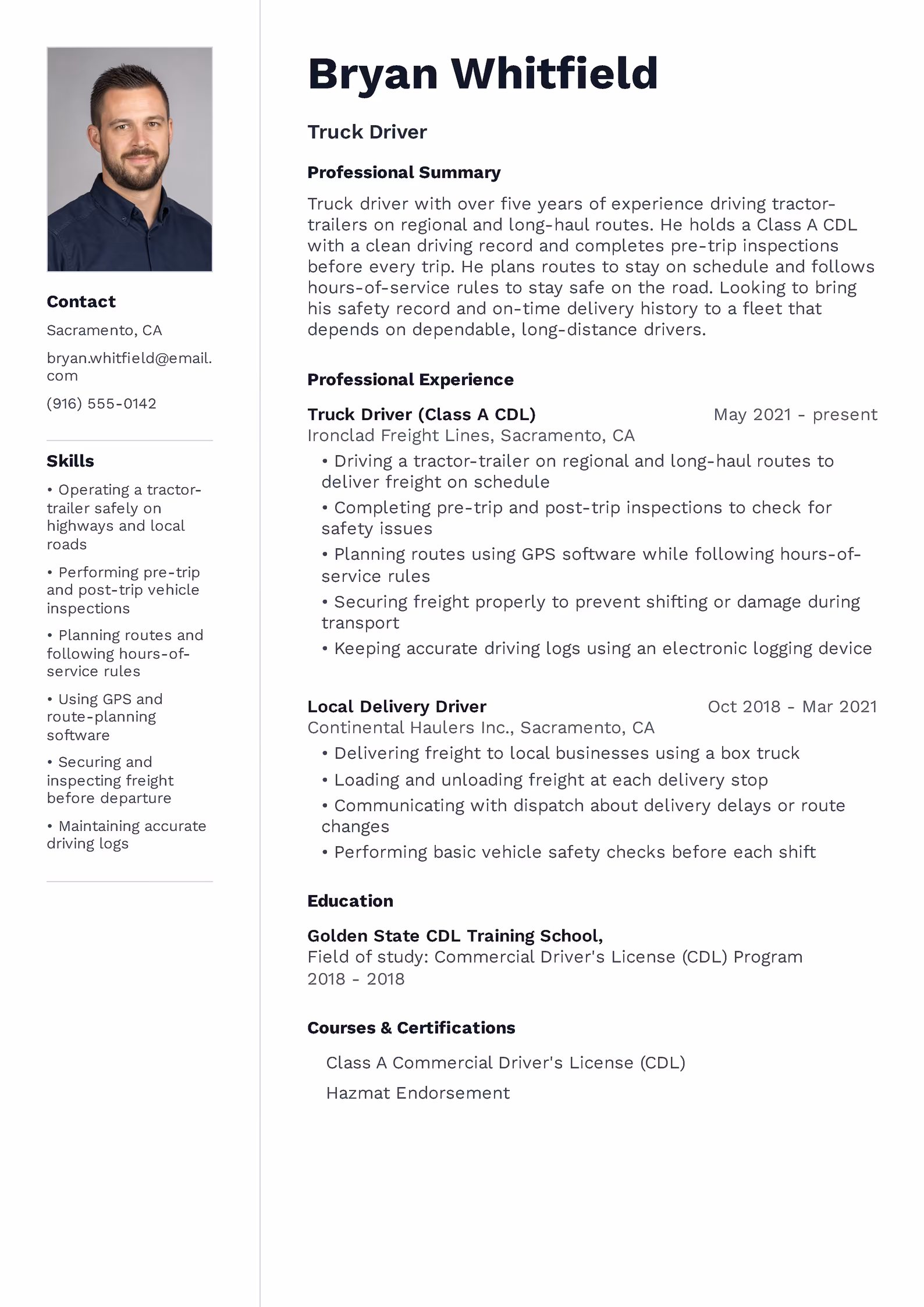 Truck Driver Resume Example - przykładowy wzór CV