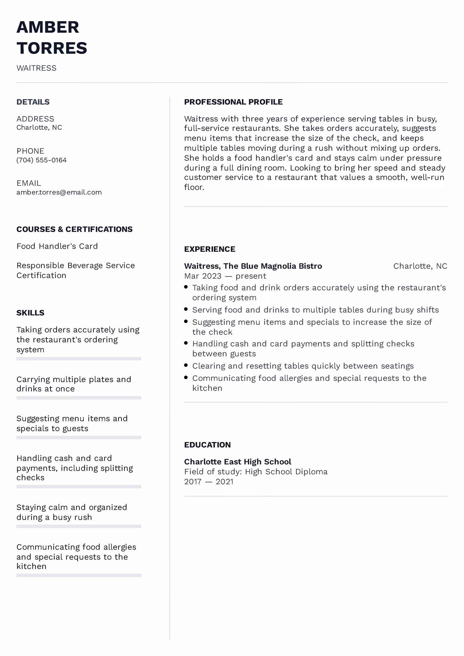 Waiter resume example — downloadable template