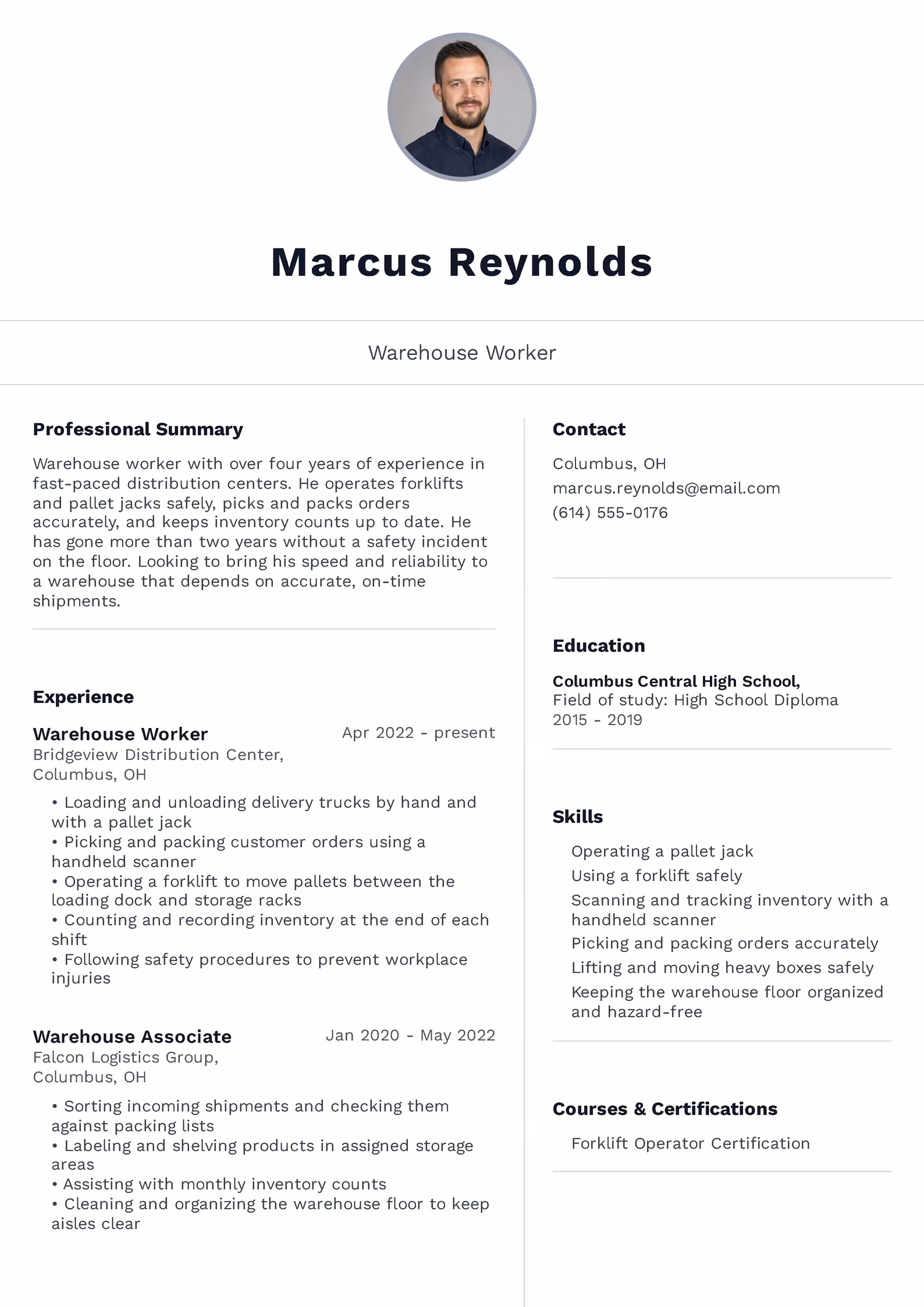 Warehouse Worker Resume Example - przykładowy wzór CV