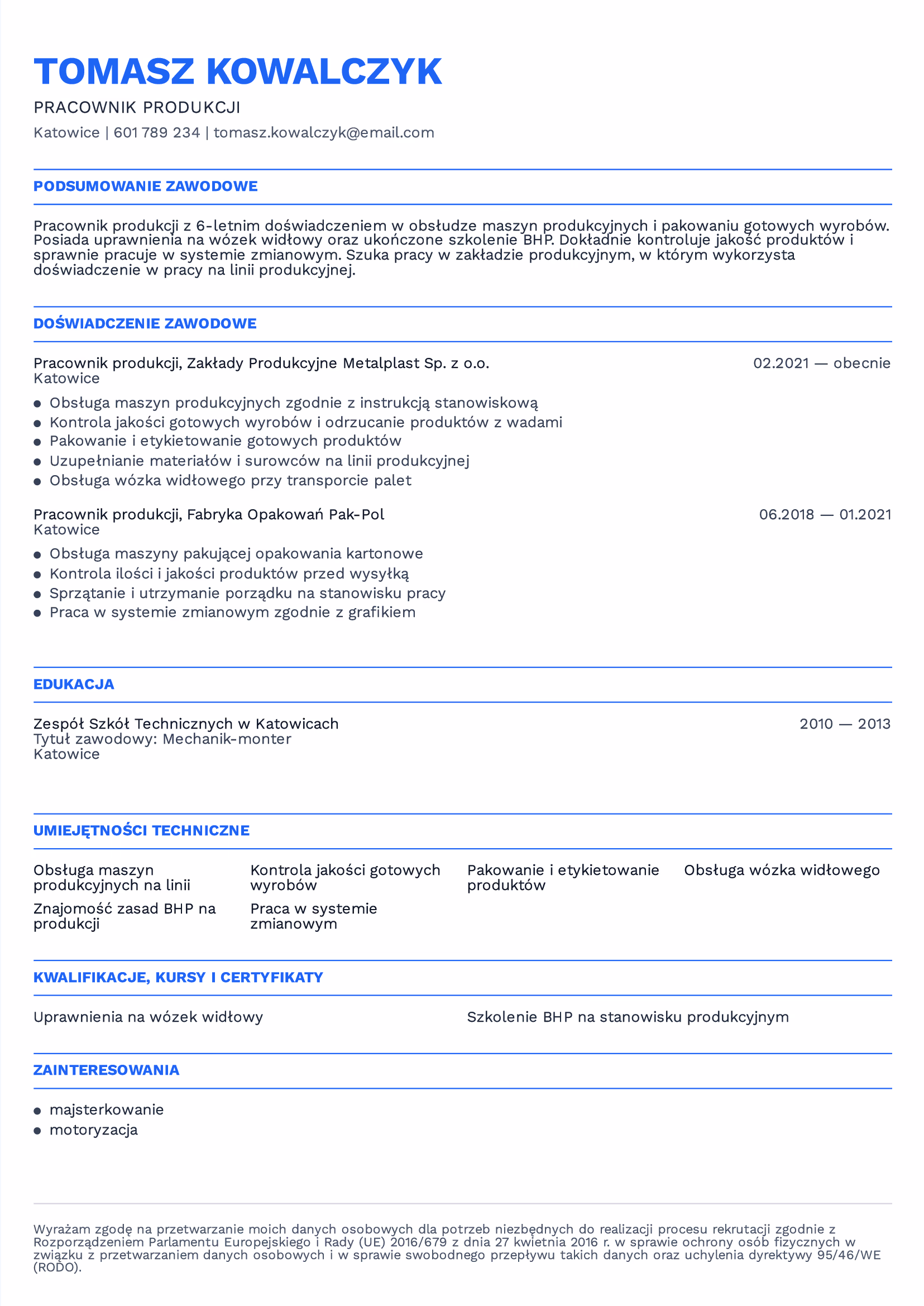 Production worker CV in Polish — professional summary, experience, skills