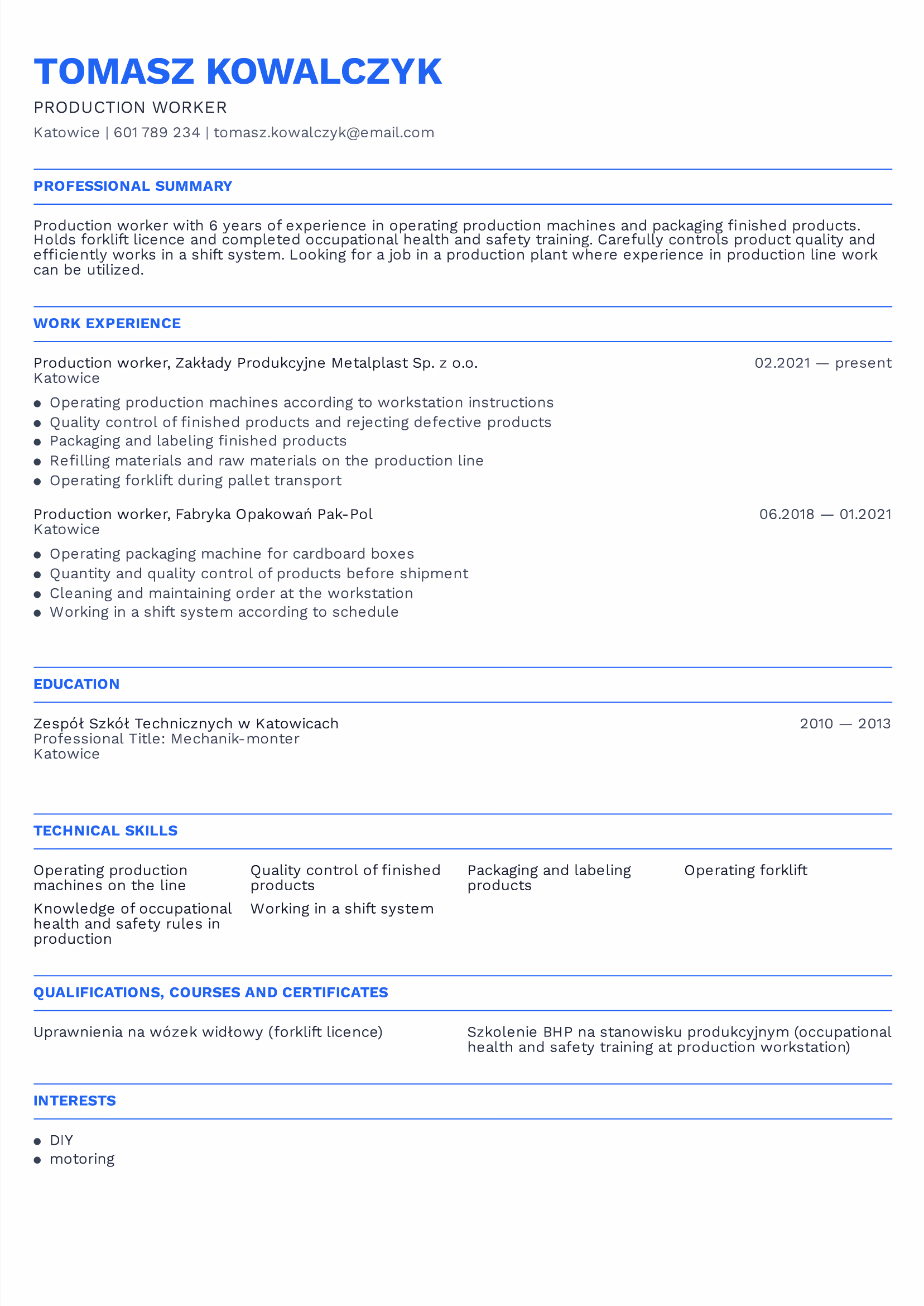 The same CV translated into English — production worker, work experience, skills