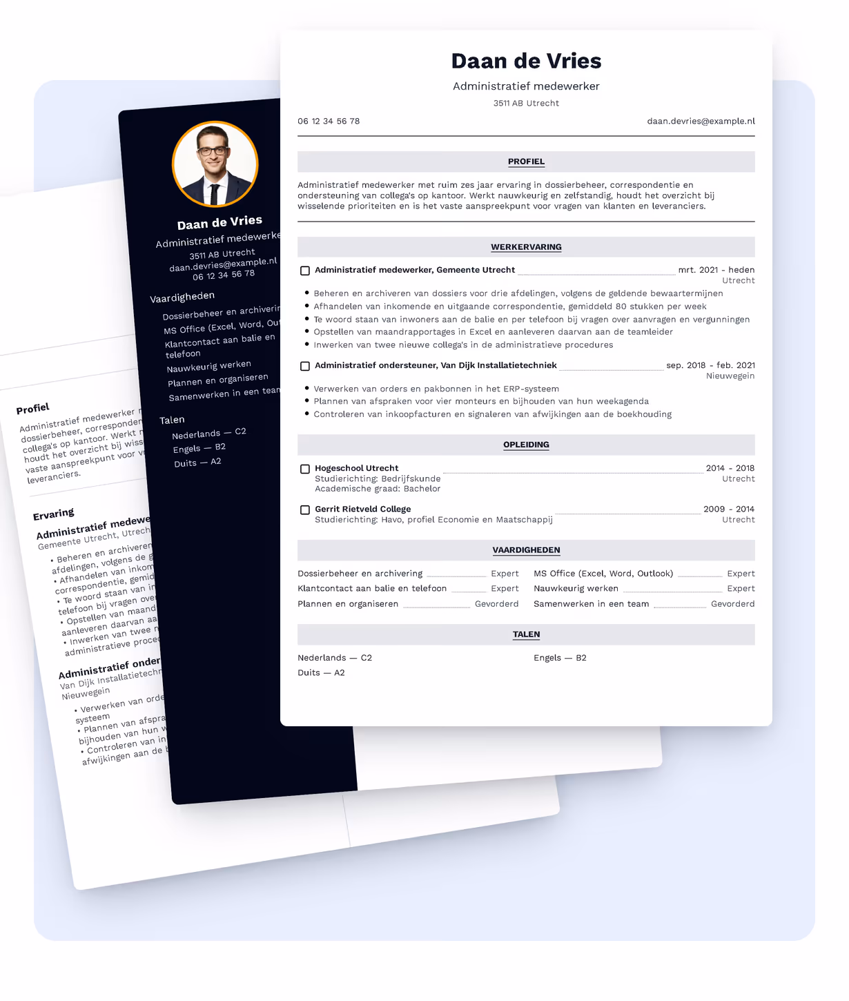 Online cv-bouwer met documentvoorbeeld en bewerking van rubrieken