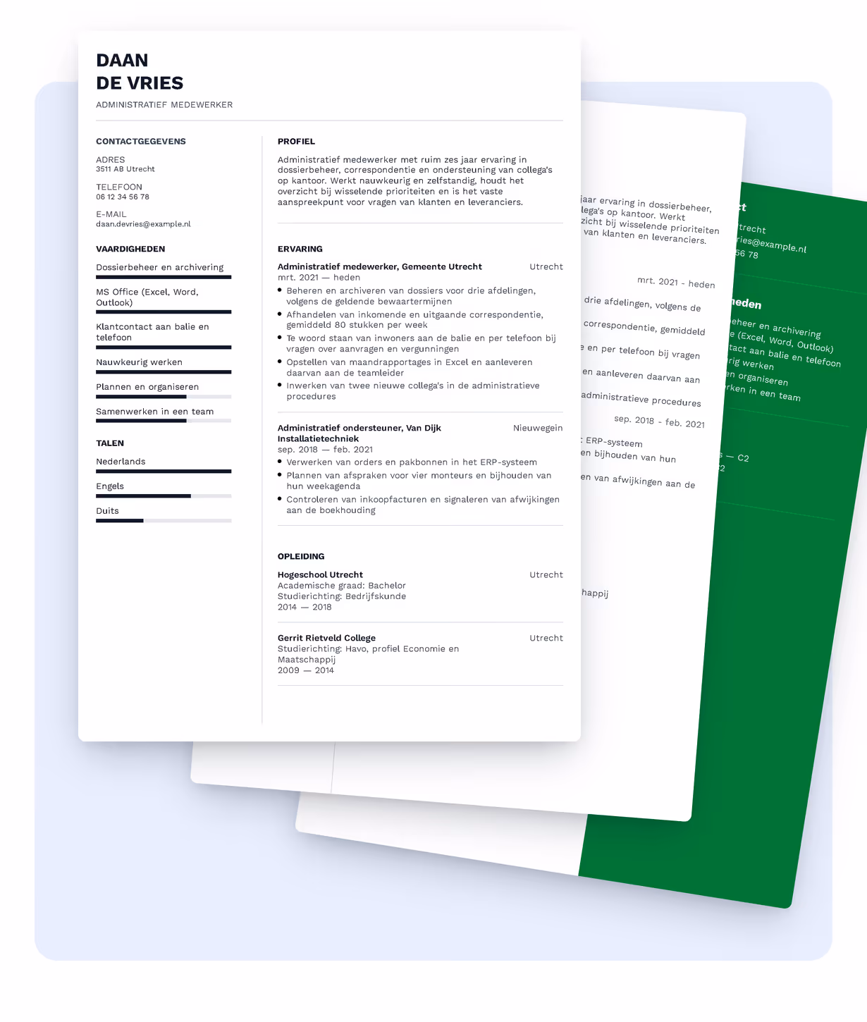 Online cv-bouwer met documentvoorbeeld en bewerking van rubrieken