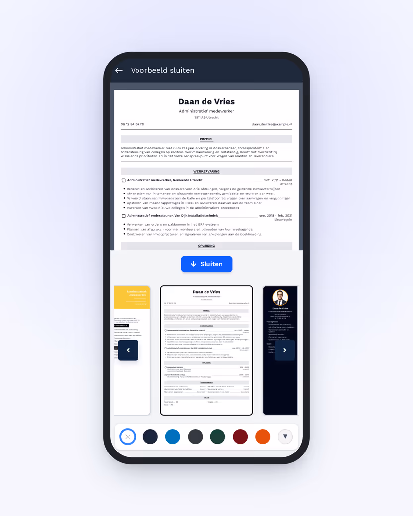 Een cv-sjabloon kiezen in de online bouwer — mobiele weergave