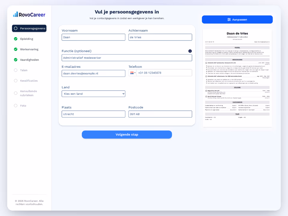 Online cv-bouwer – gegevens bewerken in het document