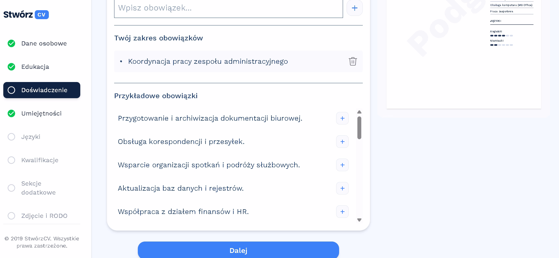 Podpowiedzi obowiązków w kreatorze CV