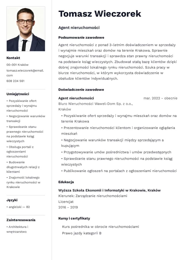 Nowoczesny szablon CV - Agent Nieruchomości