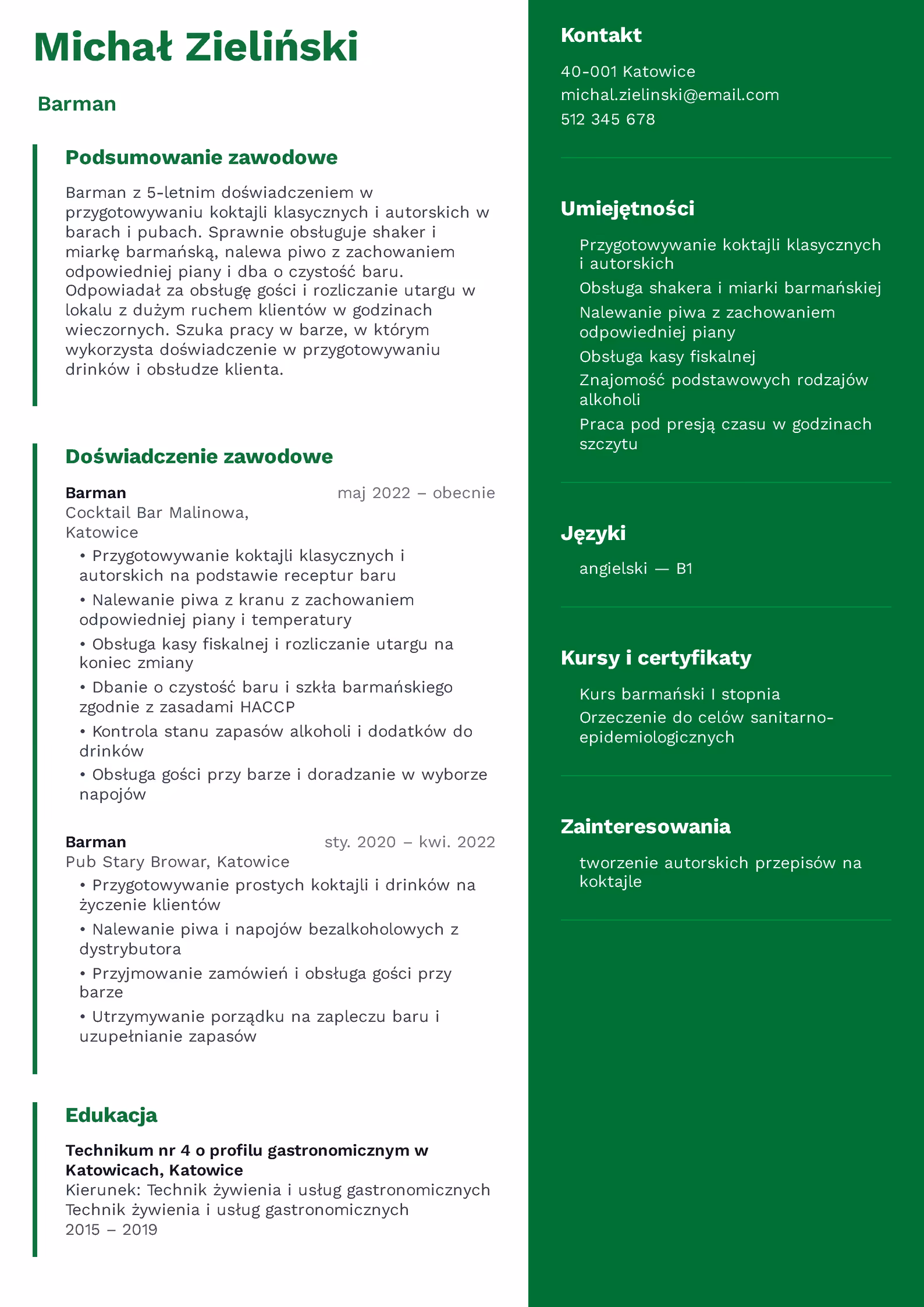 Barman - przykładowy wzór CV