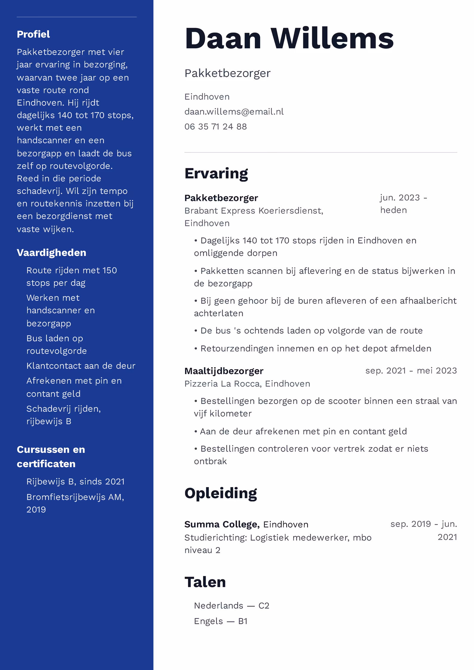 Cv-voorbeeld voor een bezorger met stops per dag, scanwerk en rijbewijs B