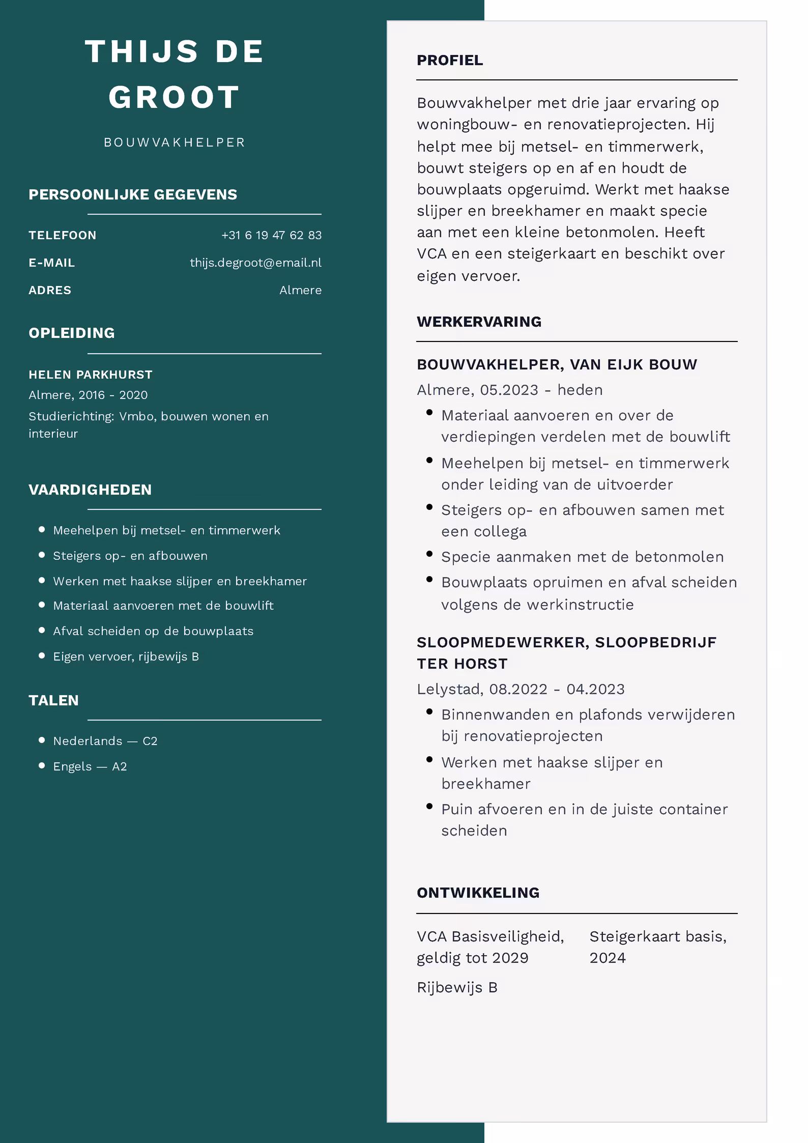 Cv-voorbeeld voor een bouwvakhelper met VCA, steigerkaart en taken op de bouwplaats