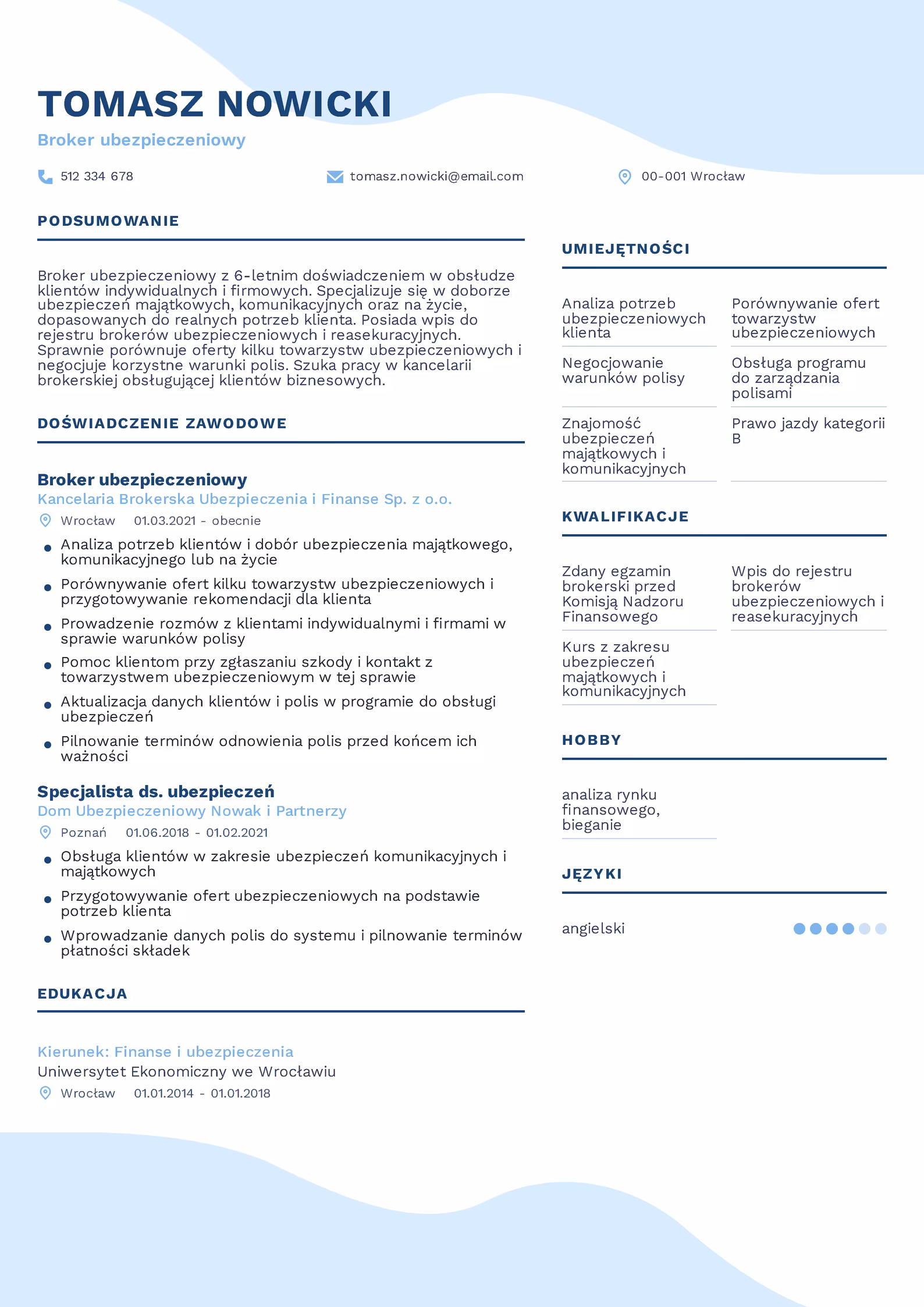 Broker Ubezpieczeniowy - przykładowy wzór CV