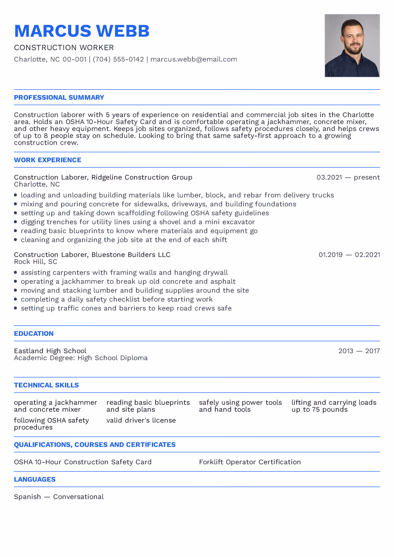 Construction worker resume example β downloadable template
