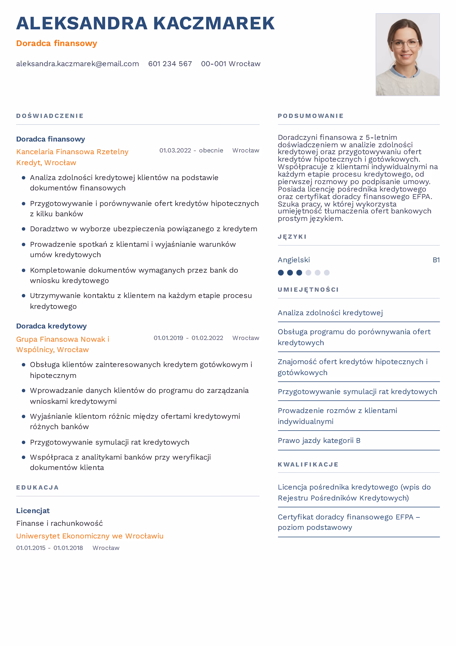 Doradca Finansowy - przykładowy wzór CV