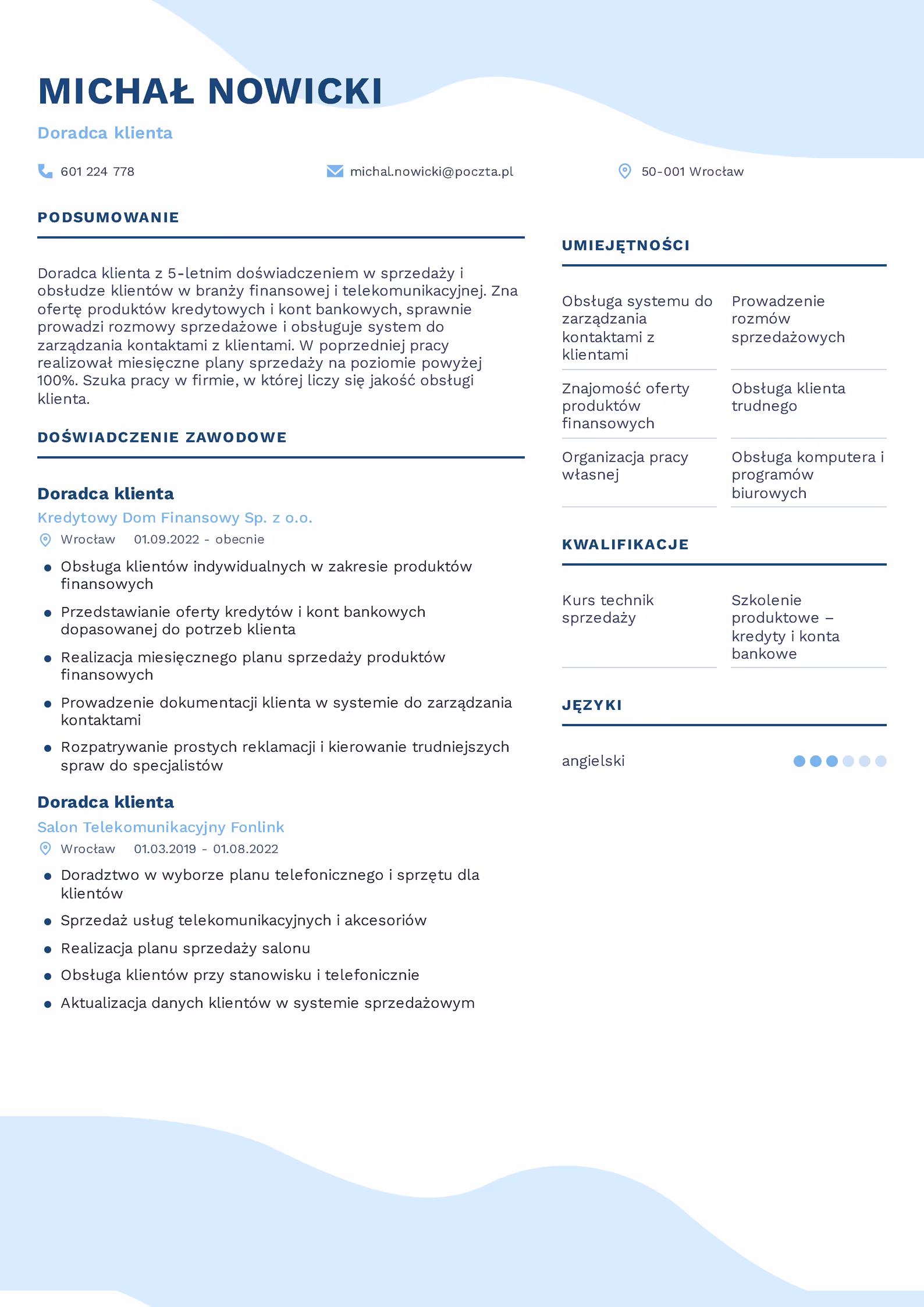 Doradca Klienta - przykładowy wzór CV