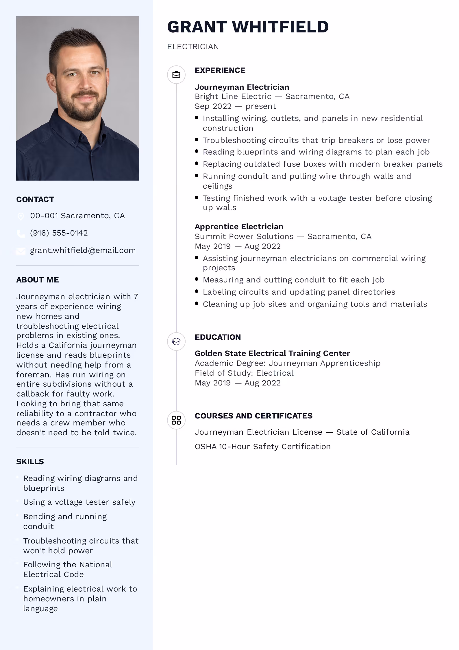 Electrician resume example with license and wiring duties listed