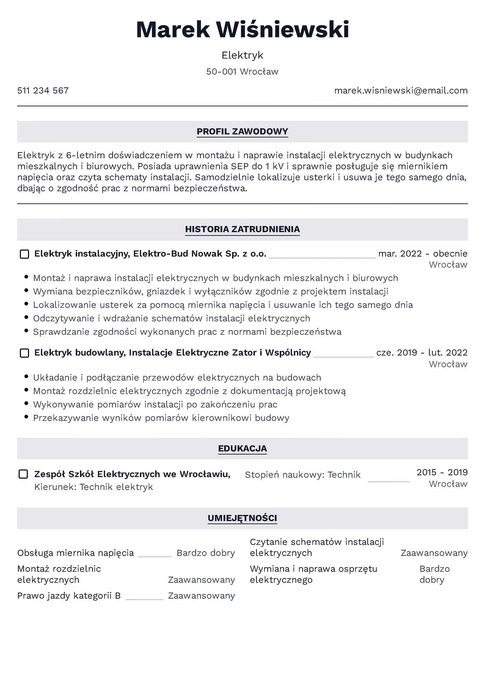 Elektryk - przykładowy wzór CV