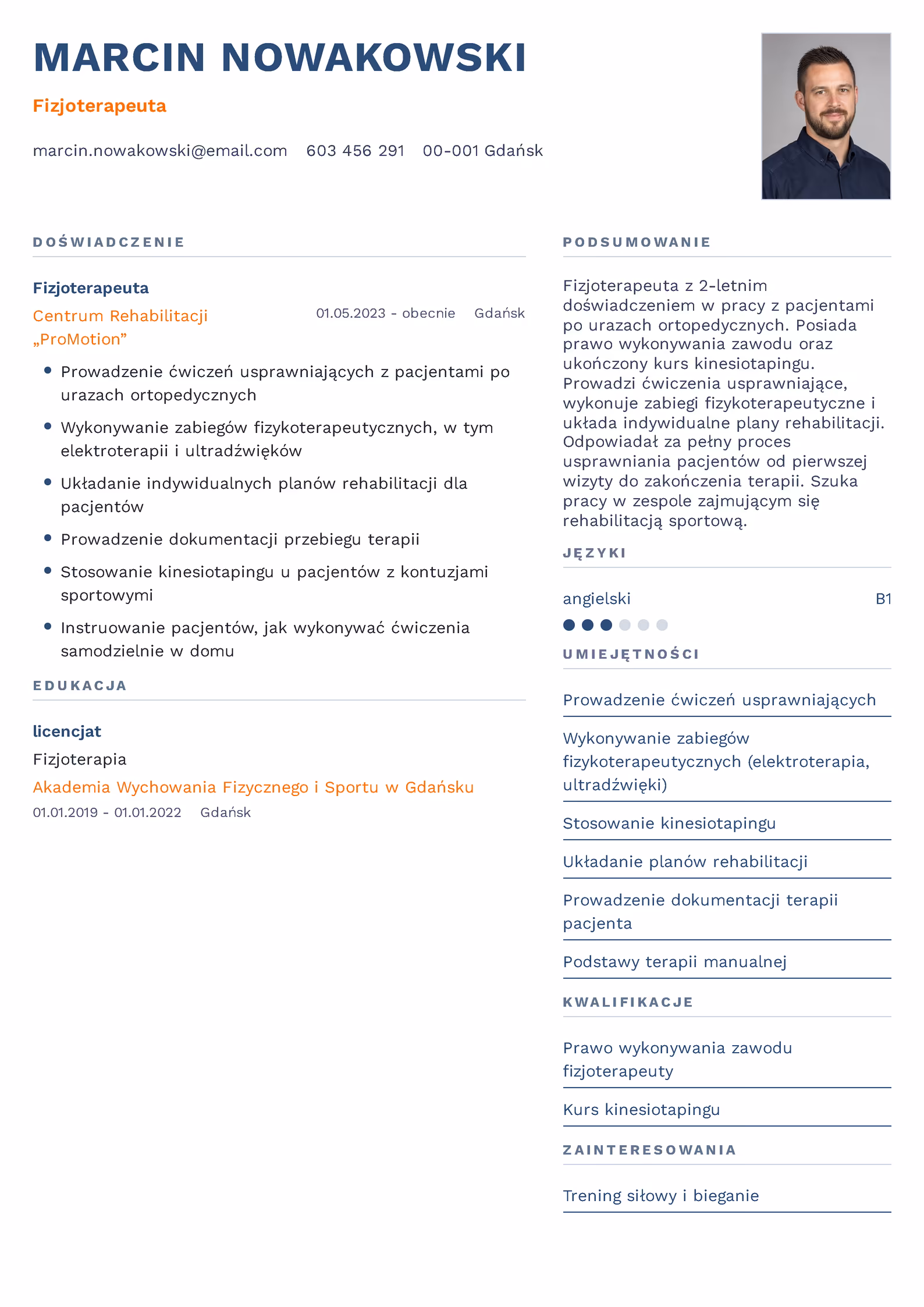 Fizjoterapeuty - przykładowy wzór CV