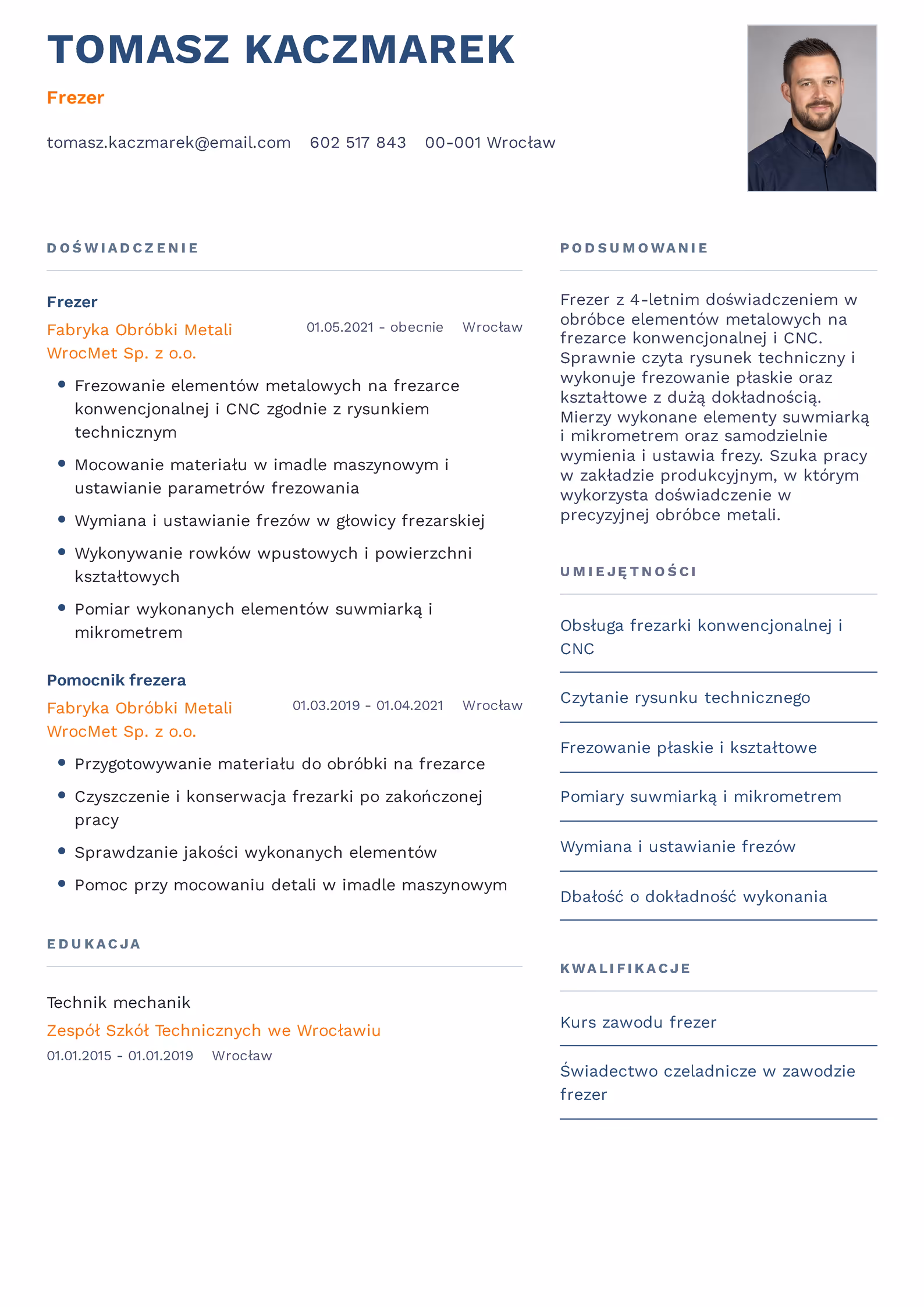 Wzór CV frezera — przykładowy szablon dokumentu