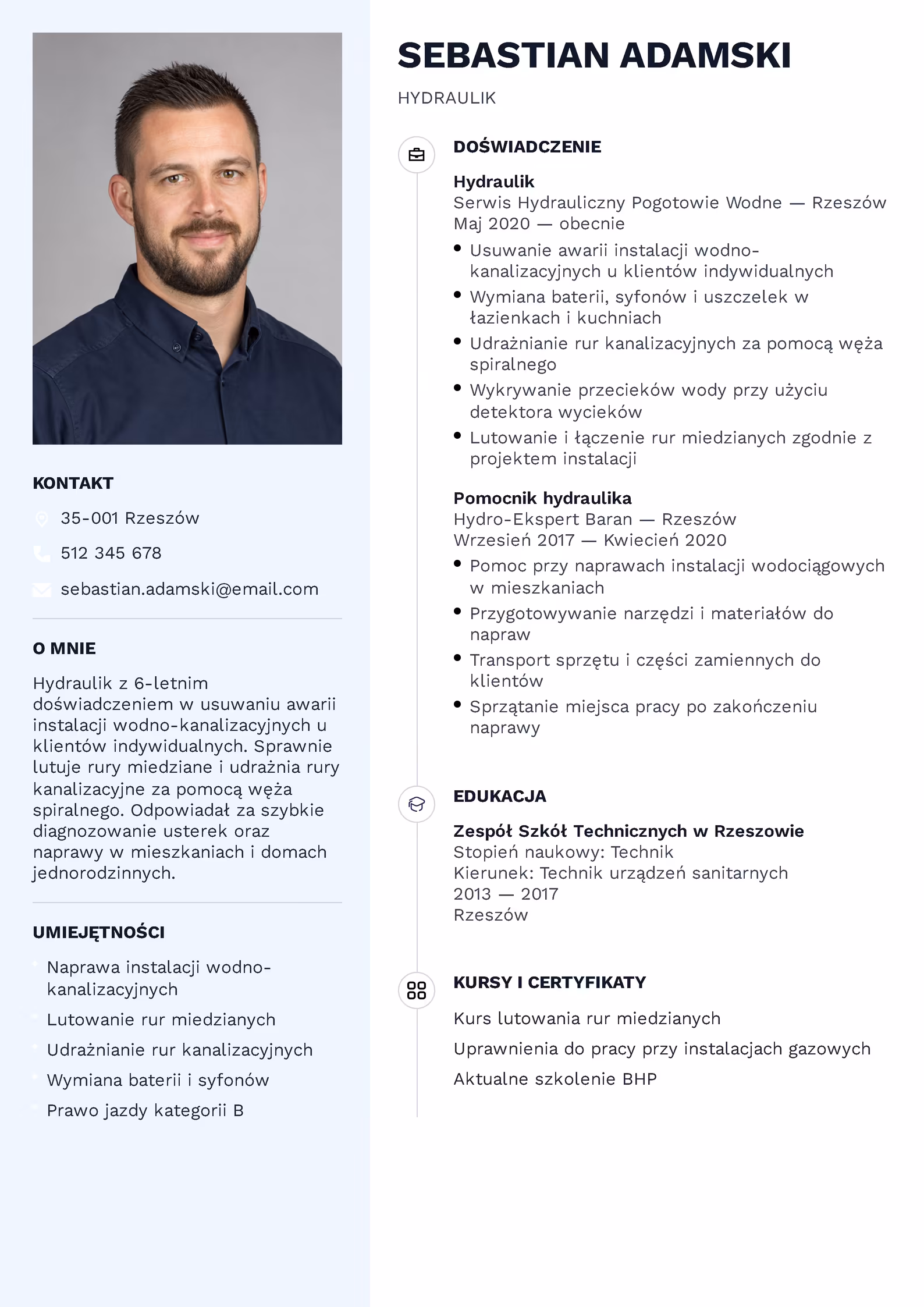 Wzór CV hydraulik – przykładowy szablon do pobrania