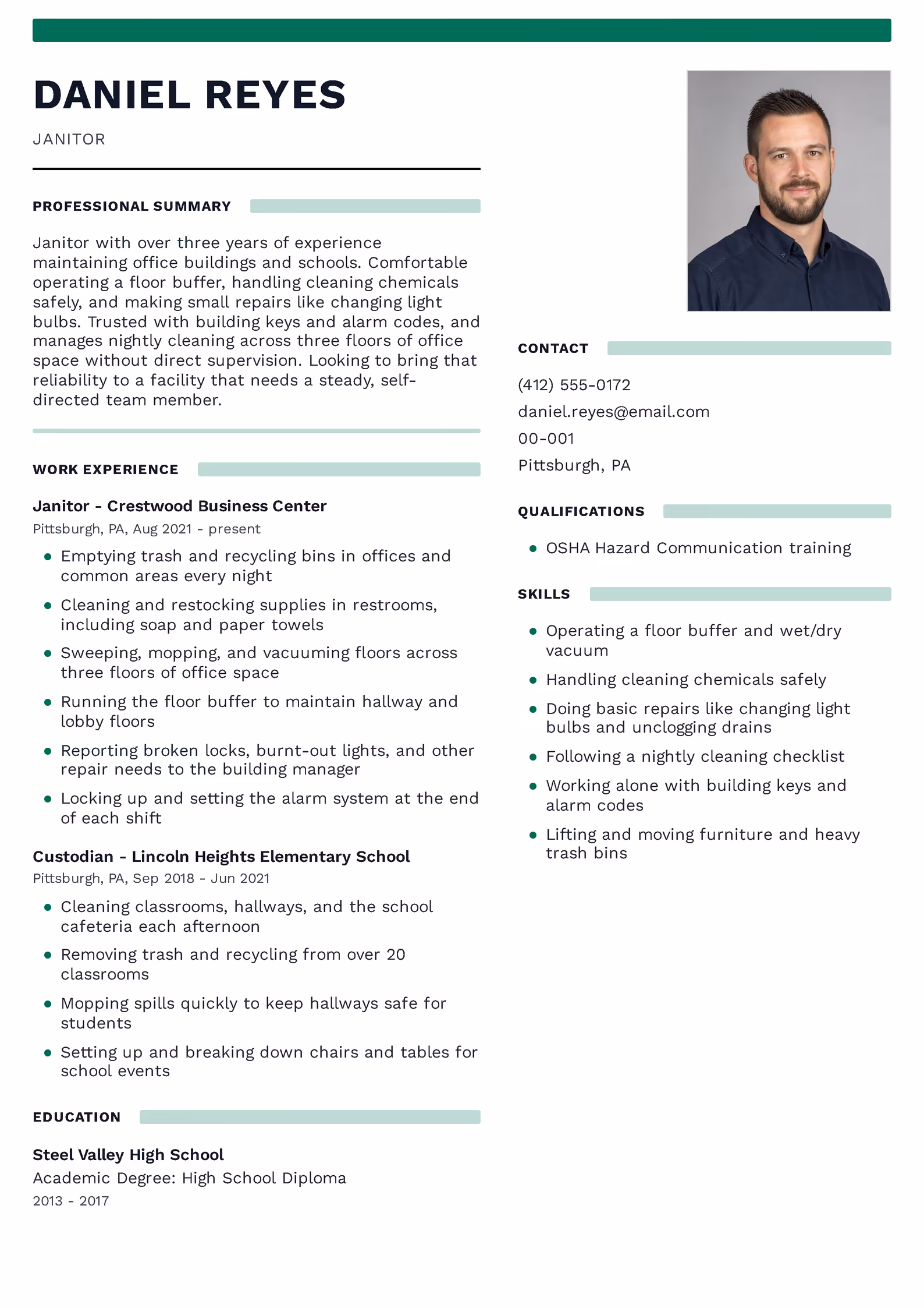 Janitor resume example with work experience, skills, and certifications