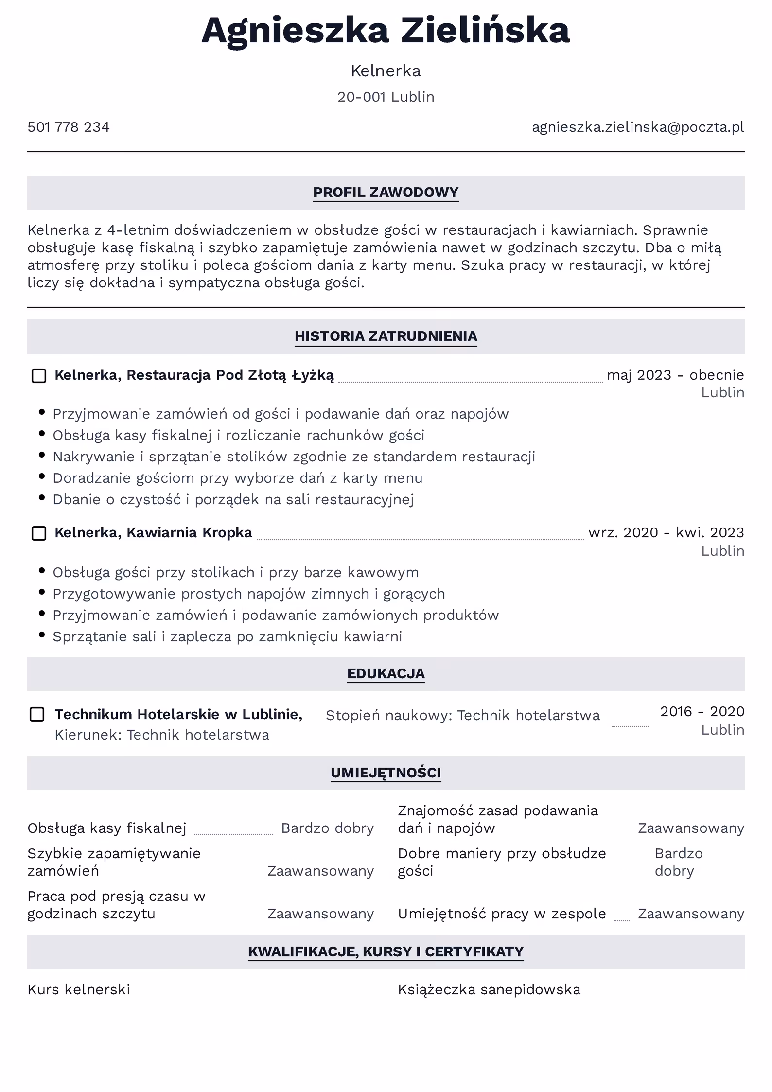 Wzór CV kelner – przykładowy szablon do pobrania