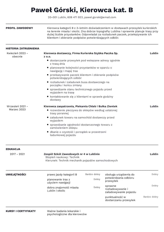 Uniwersalny szablon CV - Kierowca Kat. B