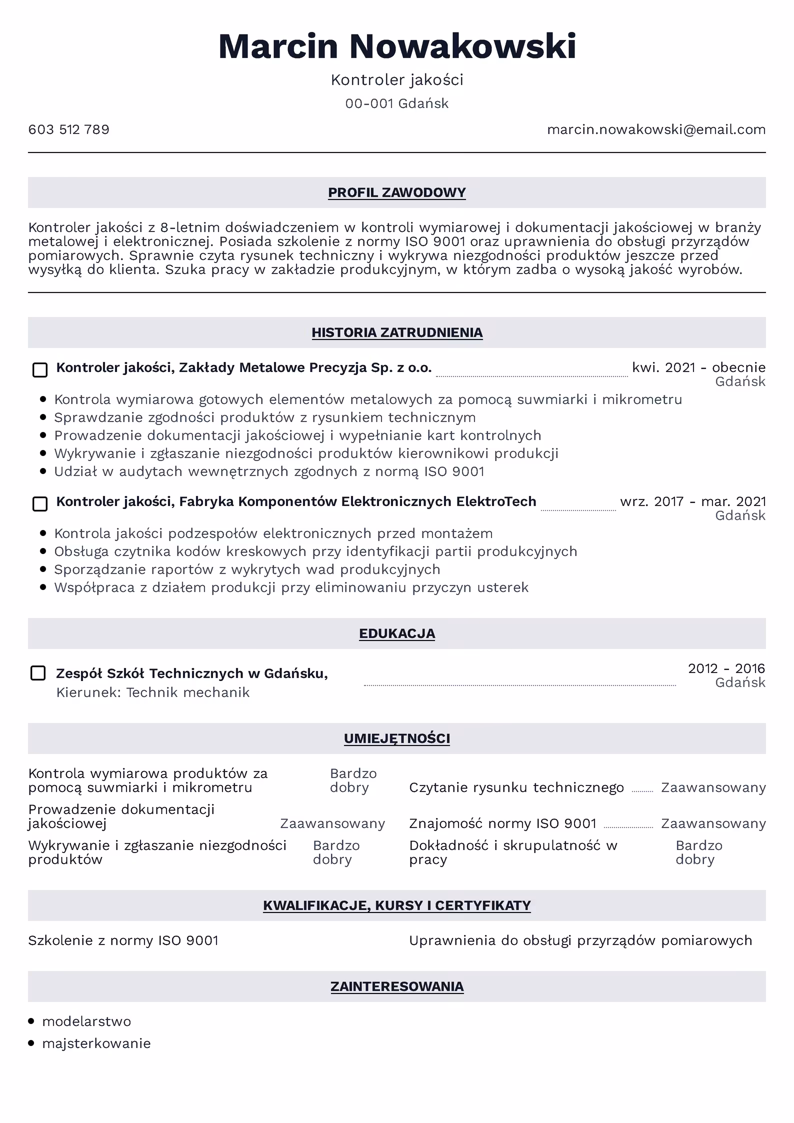 Wzór CV kontroler jakości — przykładowy szablon dokumentu