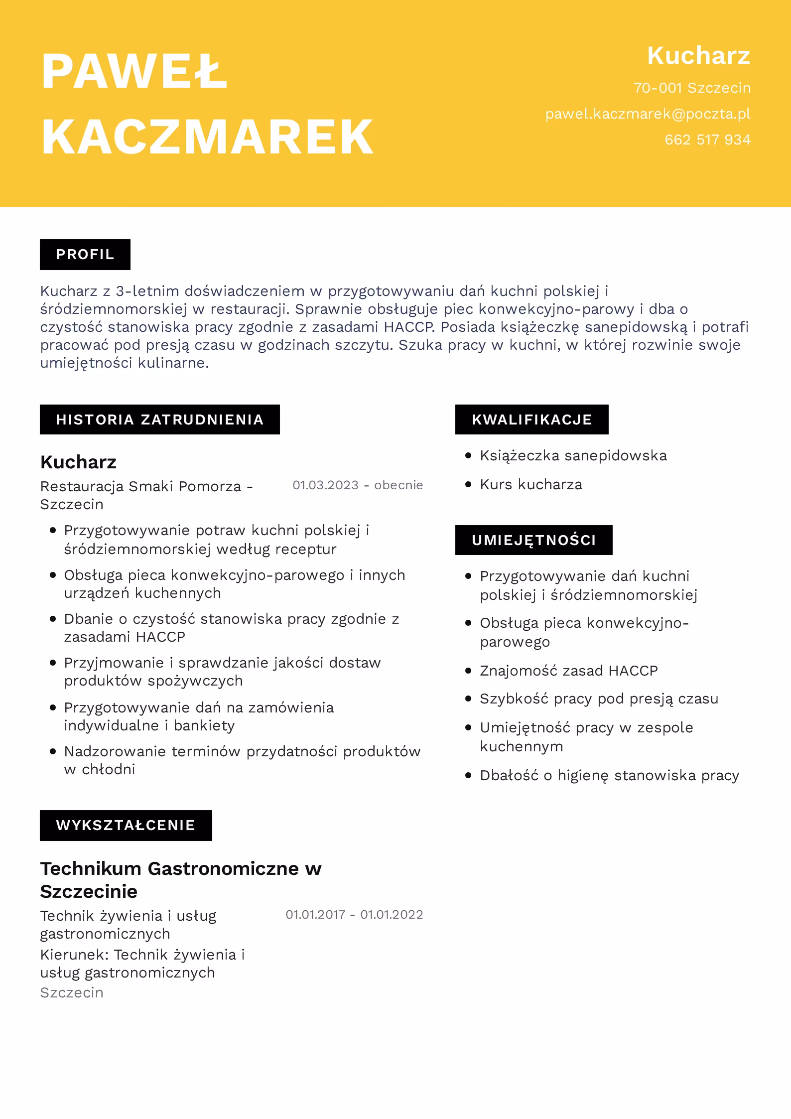 Kucharz - przykładowy wzór CV
