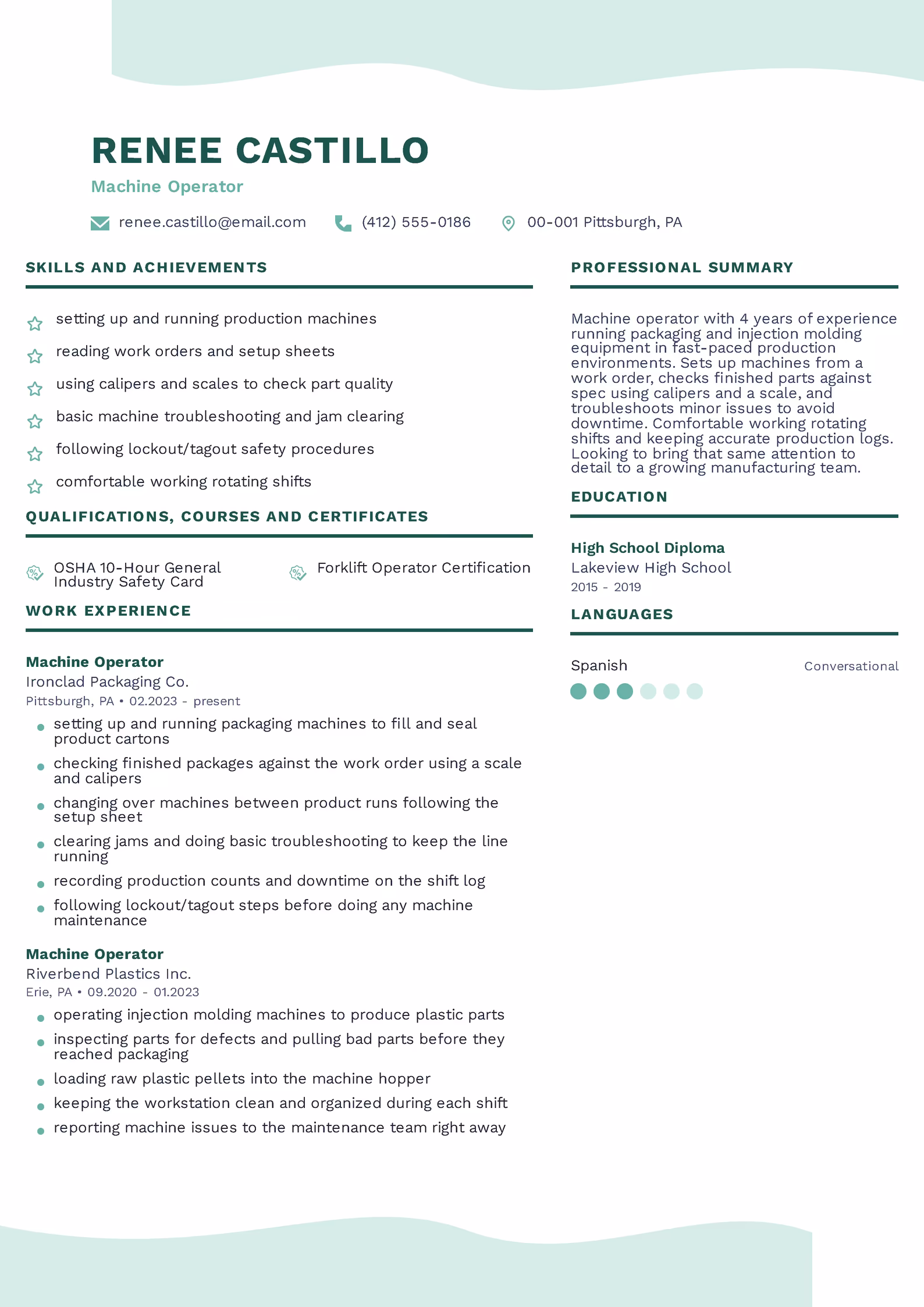 Machine operator resume example — downloadable template
