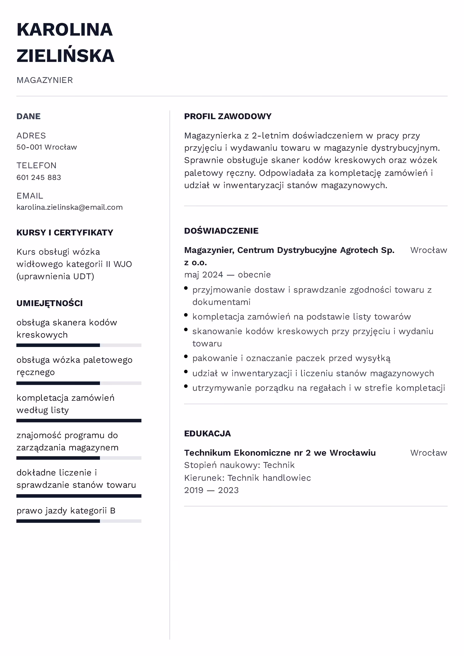 Magazynier - przykładowy wzór CV
