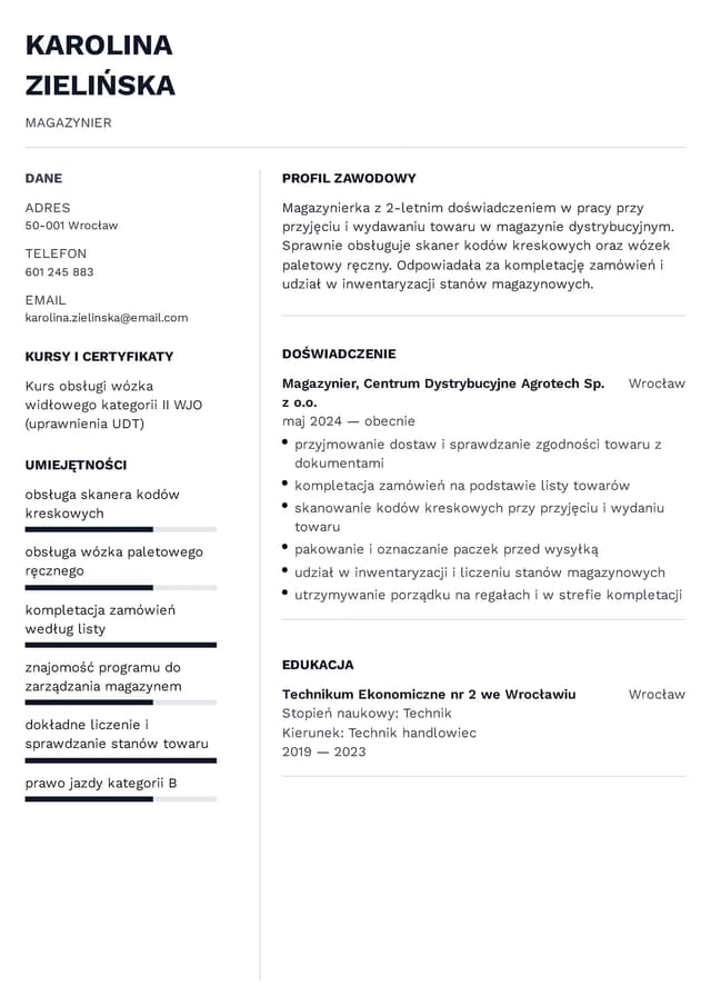 Uniwersalny szablon CV - Magazynier