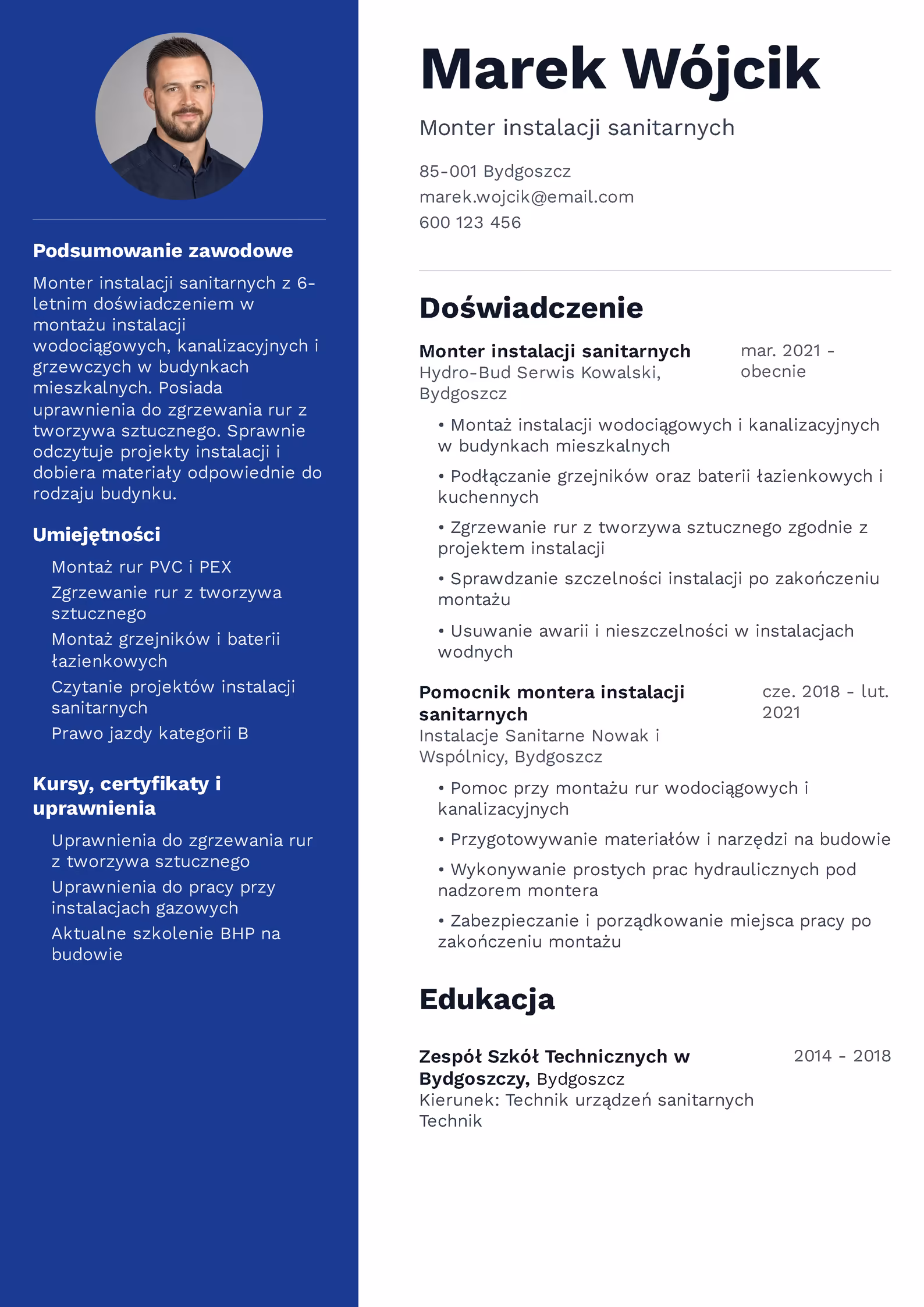 Monter Instalacji Sanitarnych - przykładowy wzór CV