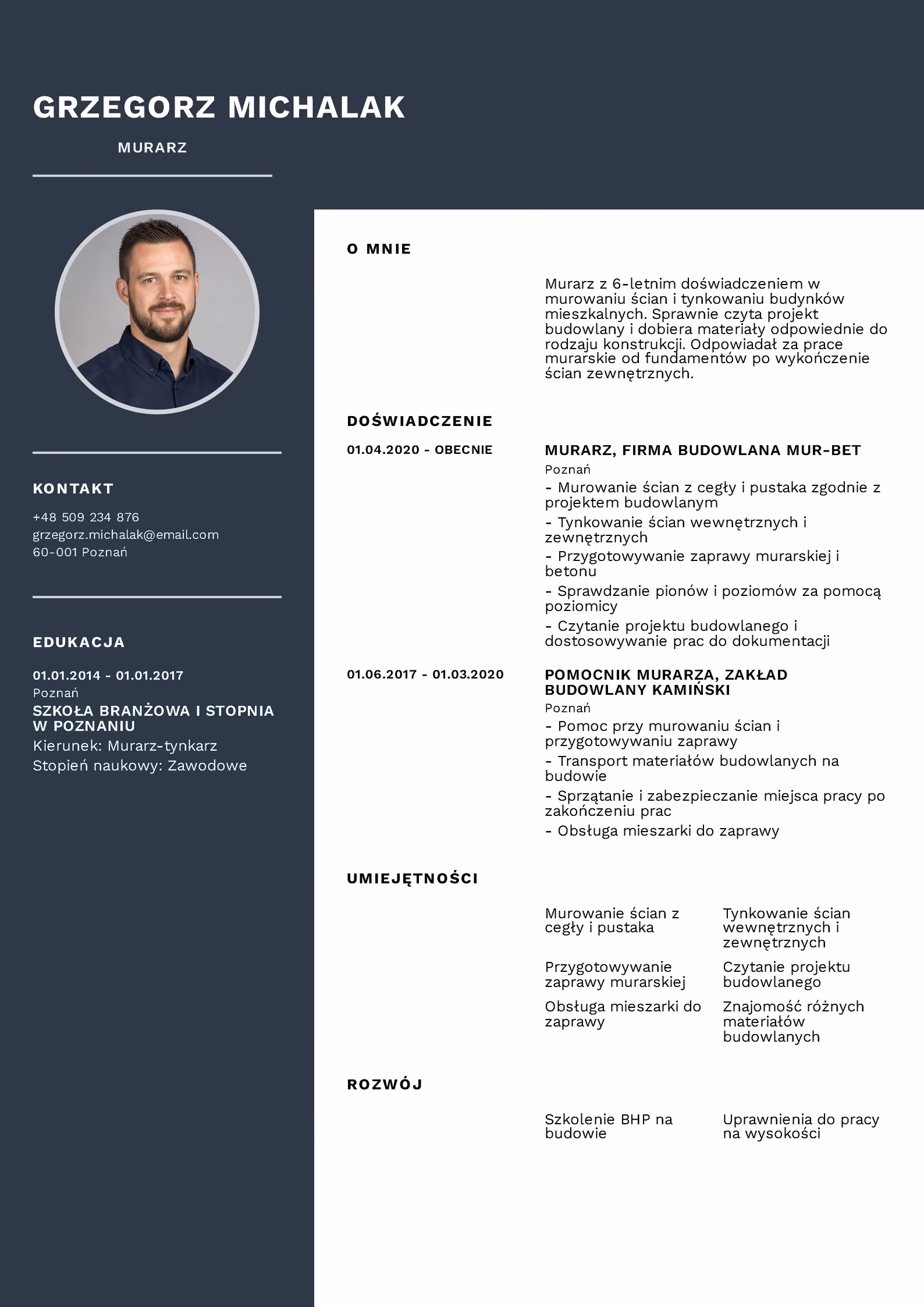 Murarz - przykładowy wzór CV