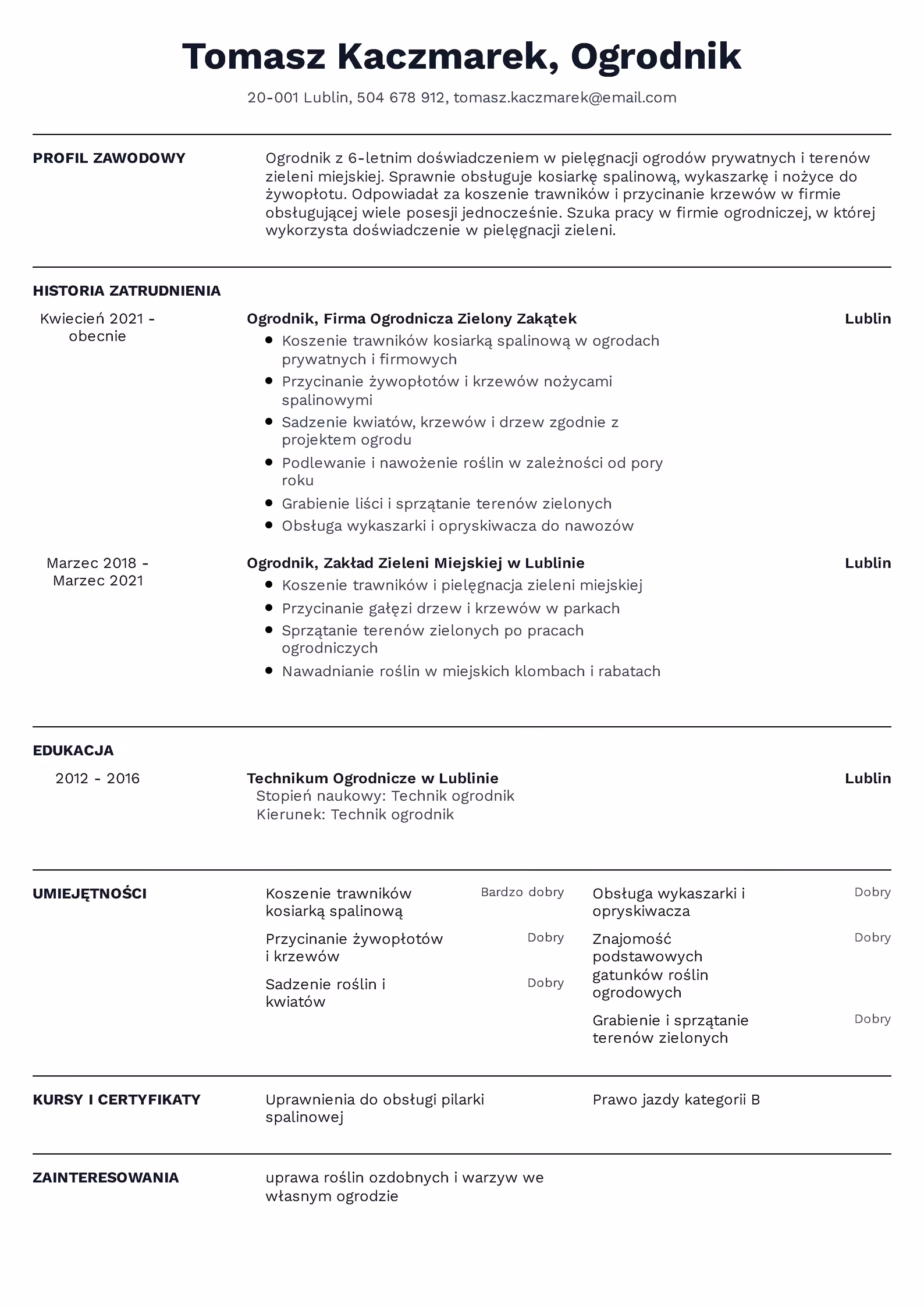 Ogrodnik - przykładowy wzór CV