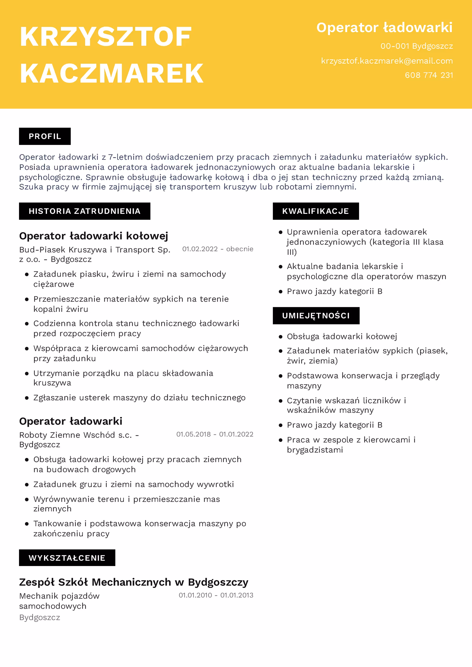 Wzór CV operatora ładowarki — przykładowy szablon do pobrania