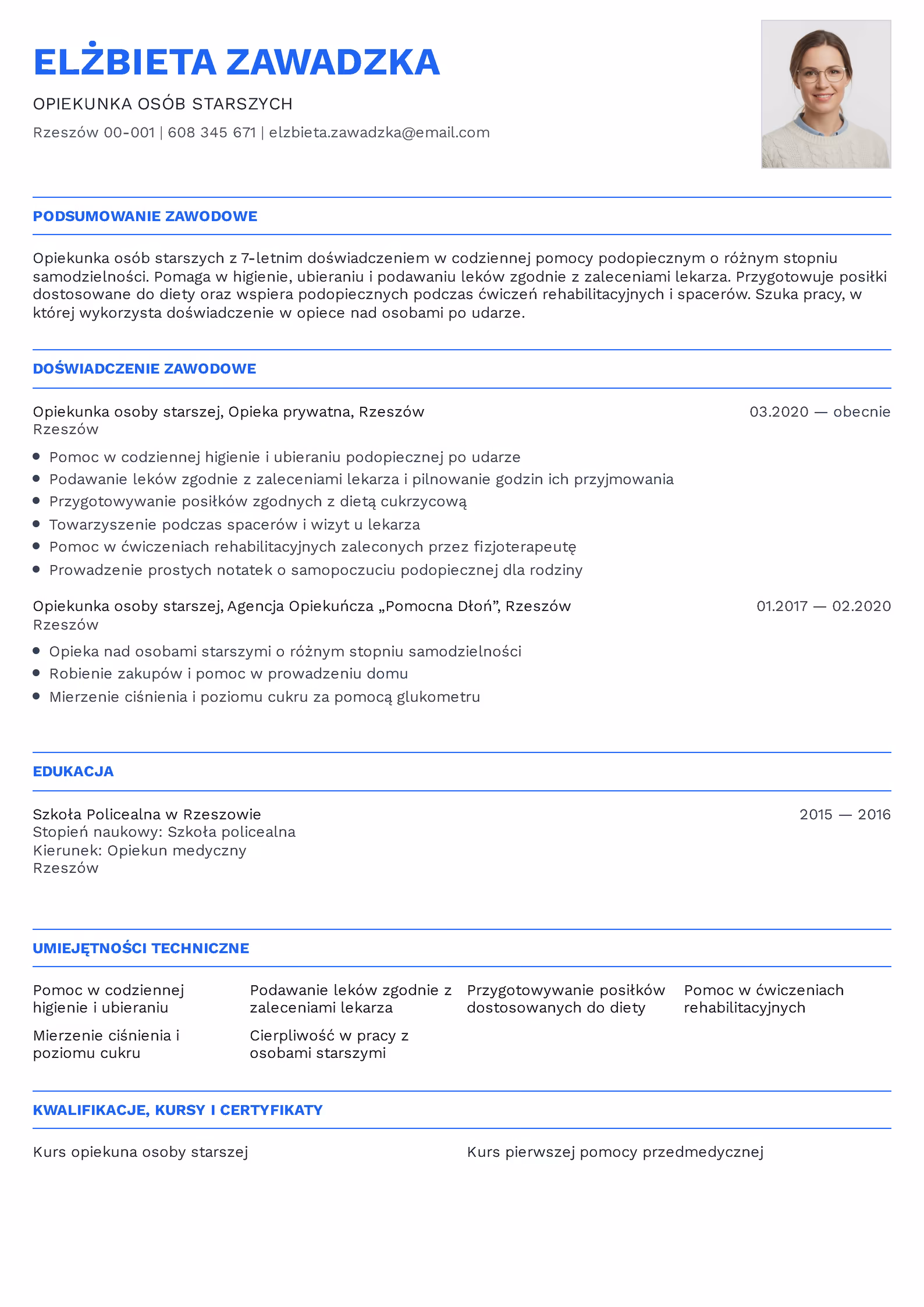 Opiekun Osób Starszych - przykładowy wzór CV