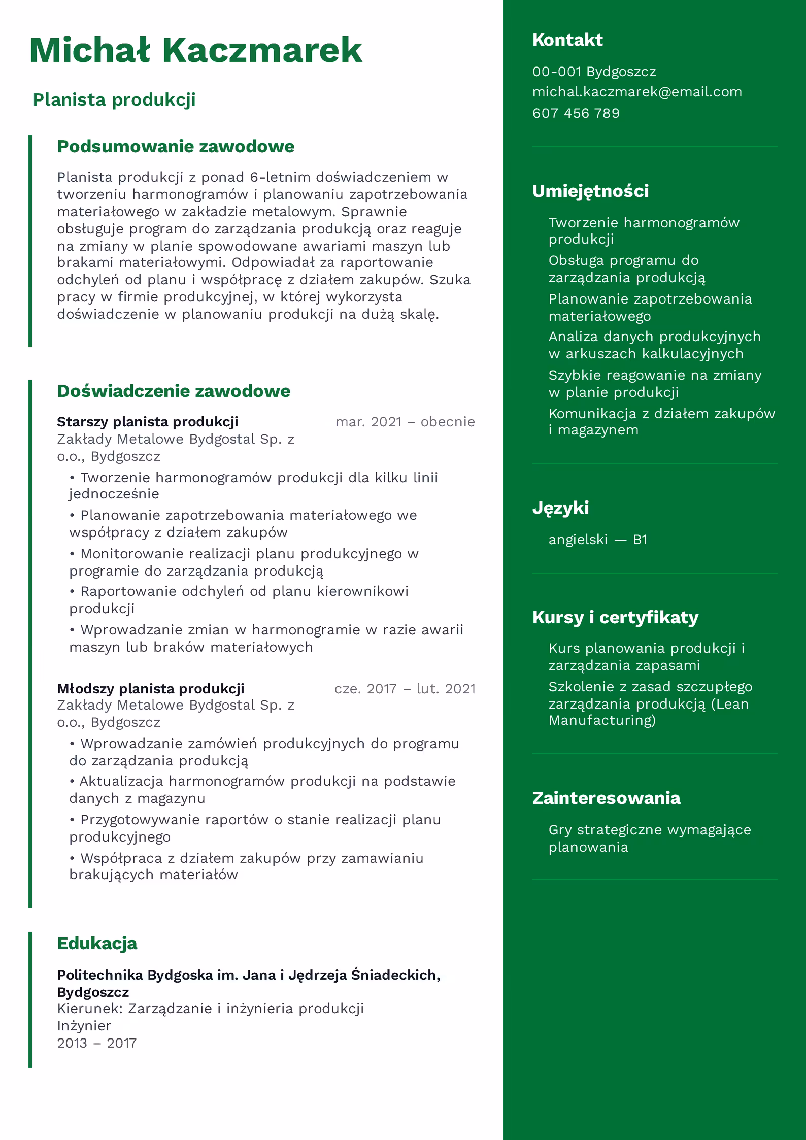 Wzór CV planisty produkcji – przykładowy szablon do pobrania