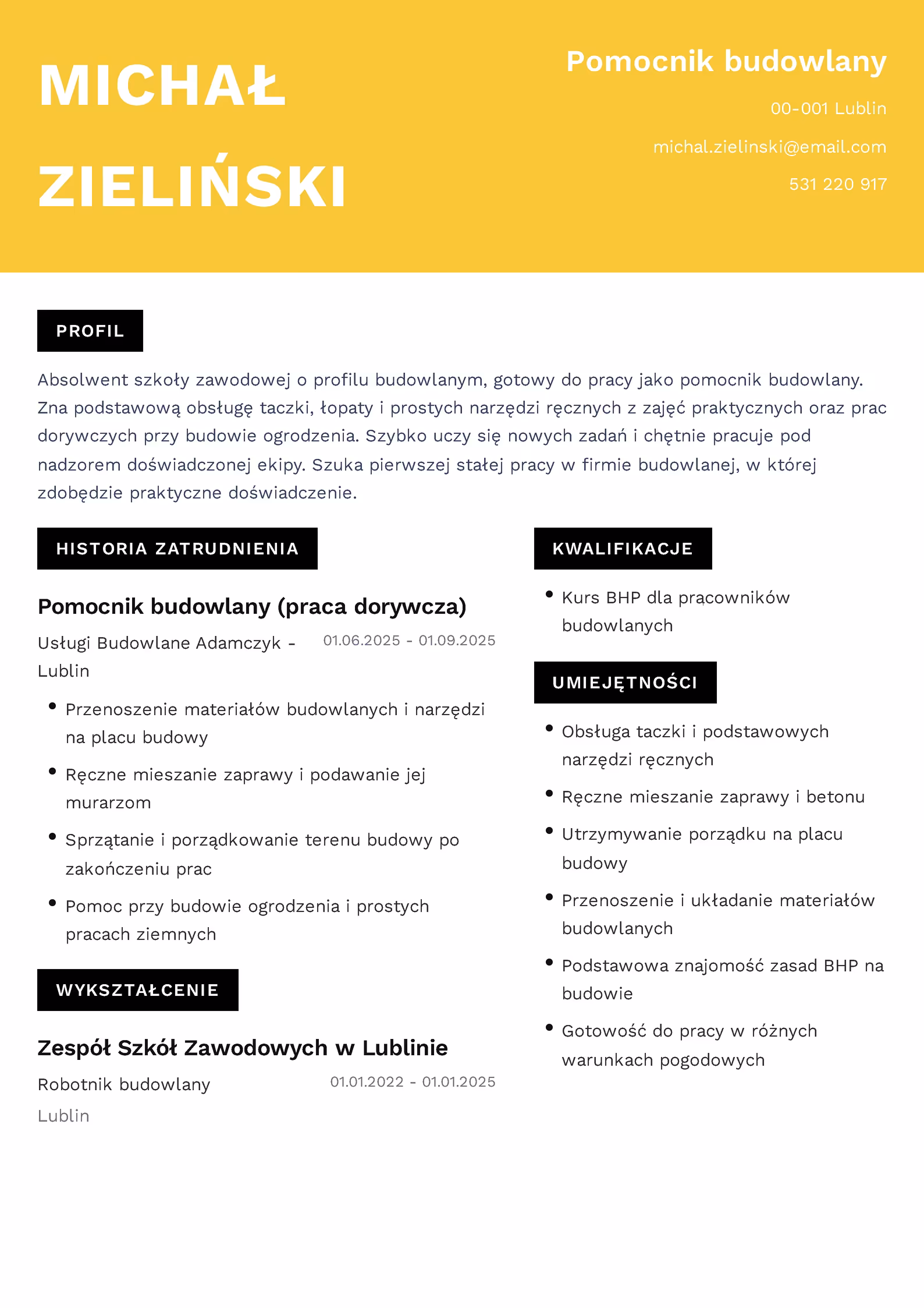 Wzór CV pomocnika budowlanego — przykładowy szablon do pobrania